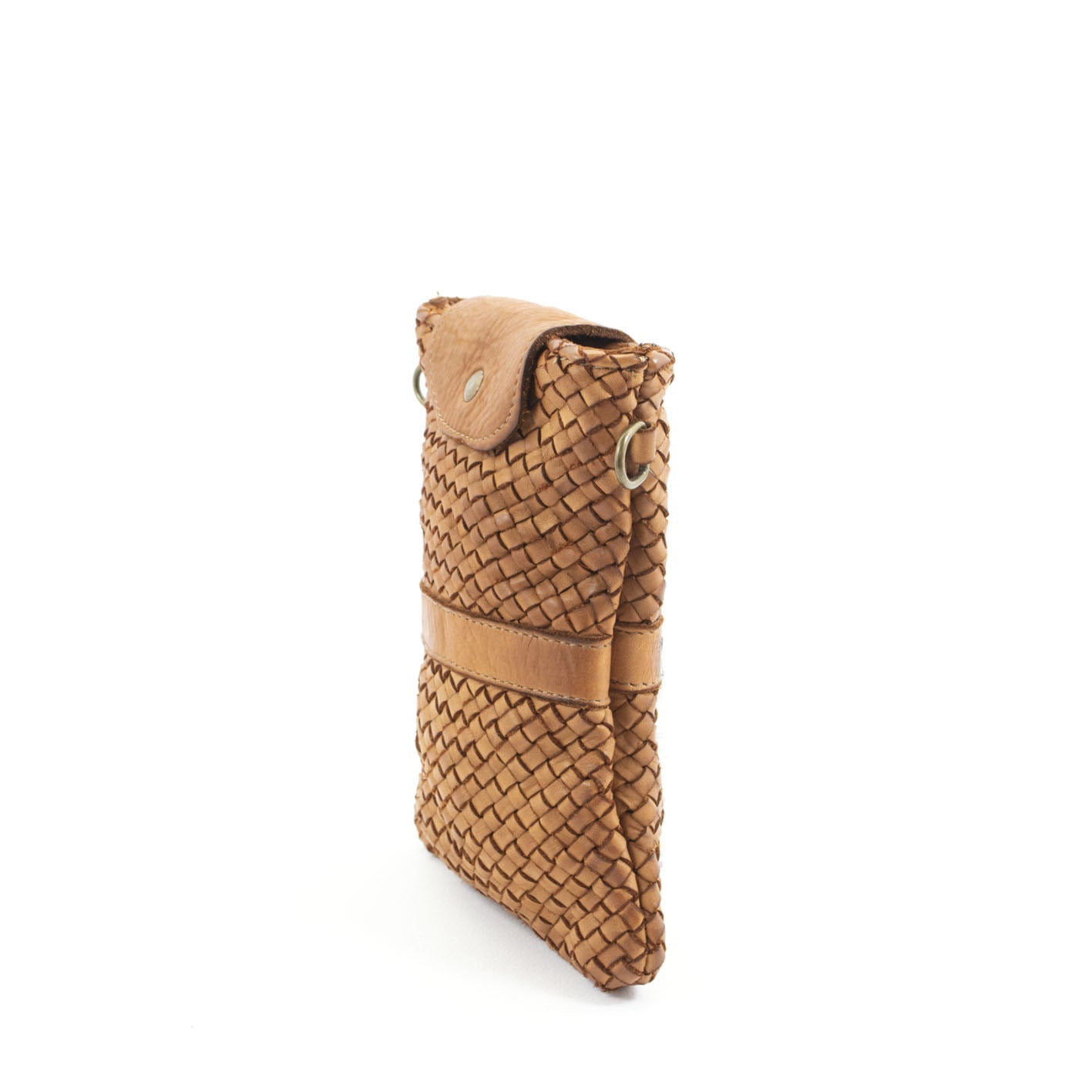 A tan woven leather pouch with a snap-button closure and a horizontal leather band, shown on a plain white background.