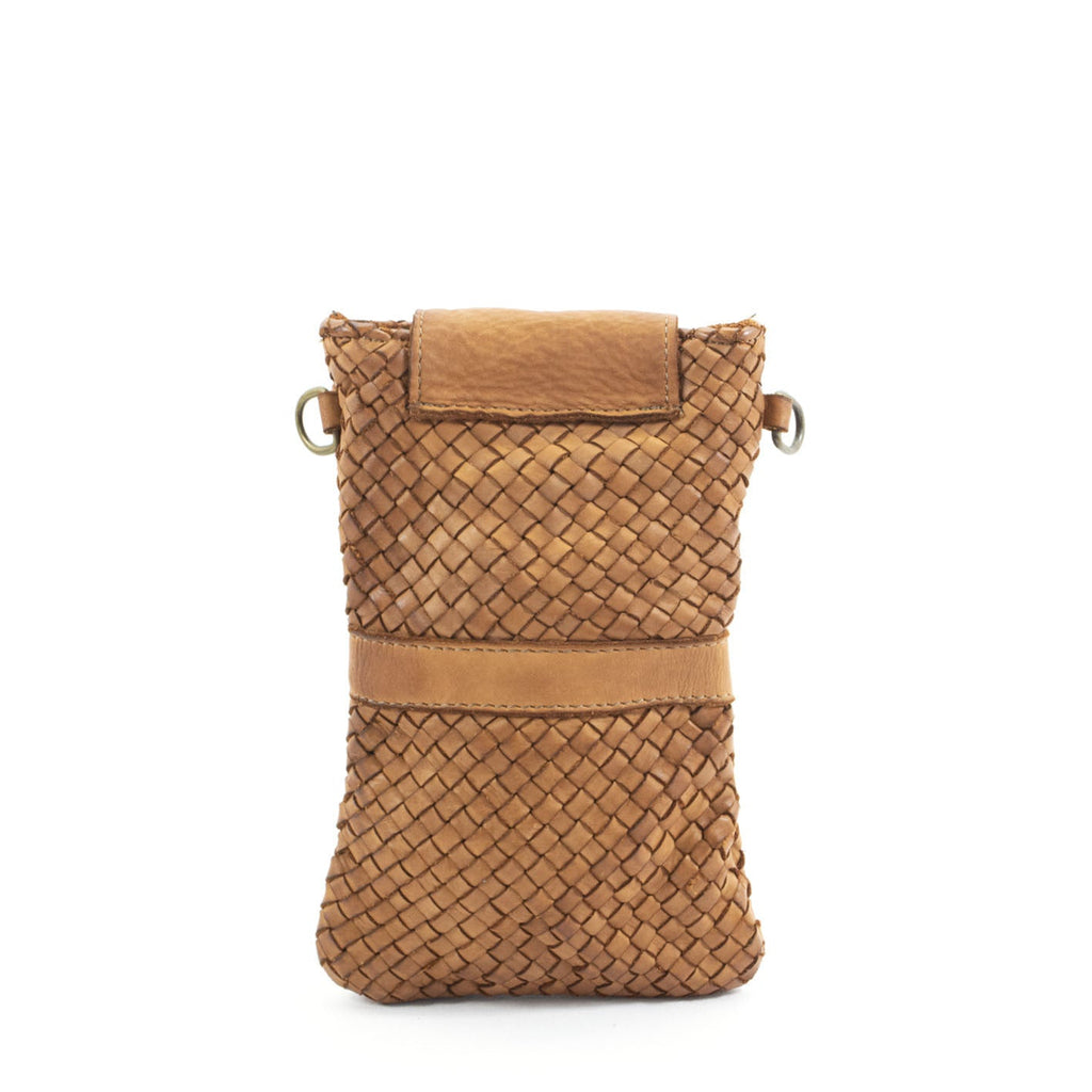 A small woven leather pouch bag in a warm tan-brown color, featuring a textured braided body, a smooth leather strap detail across the middle, and a matching leather flap at the top, shown against a plain white background.