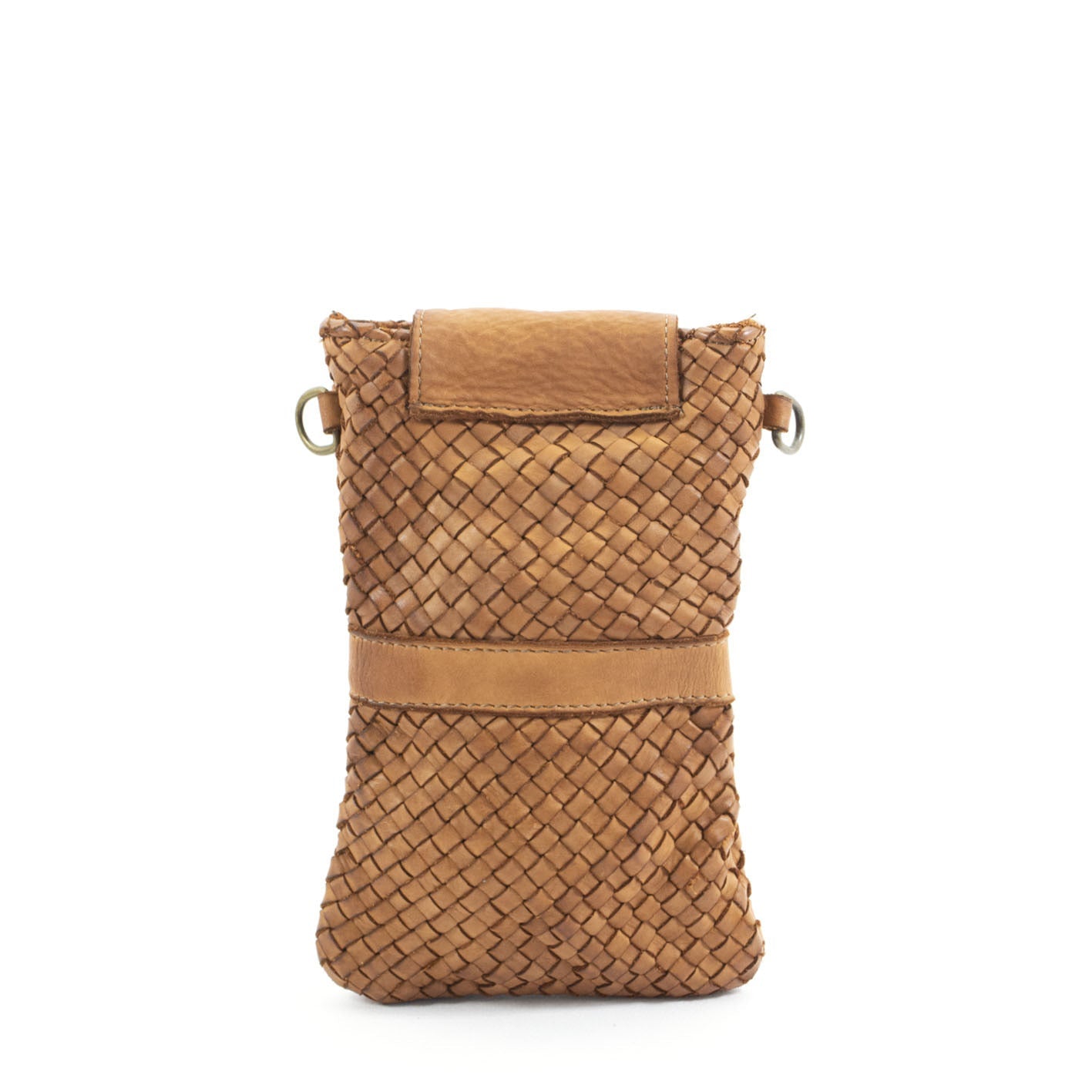 A small woven leather pouch bag in a warm tan-brown color, featuring a textured braided body, a smooth leather strap detail across the middle, and a matching leather flap at the top, shown against a plain white background.