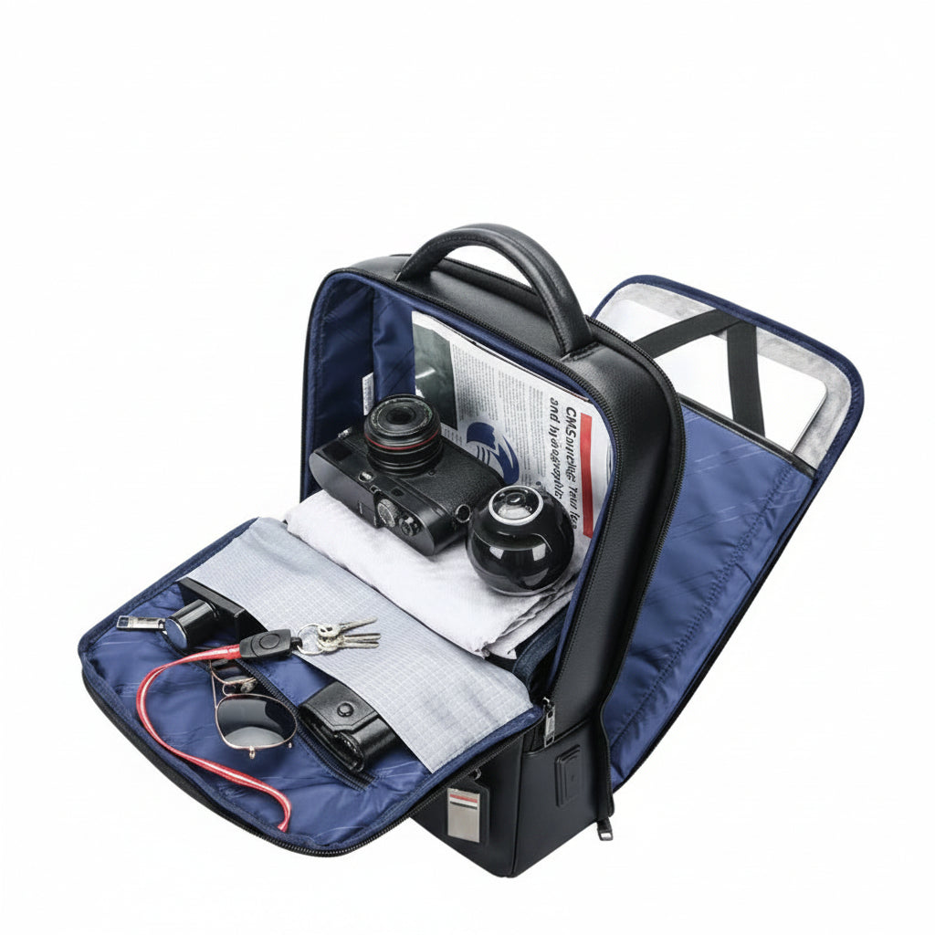 Q-FURIOUS Genuine Leather Backpack – Anti-Theft, USB Charging, TSA Lay-Flat & Credit Card Slots