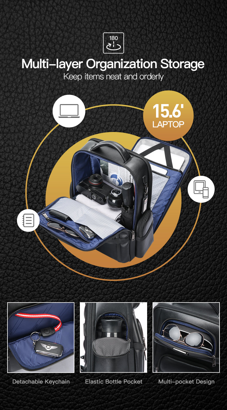Q-Giant Genuine Leather Backpack – 40L Anti-Theft Travel & Laptop Bag with USB Charging Port