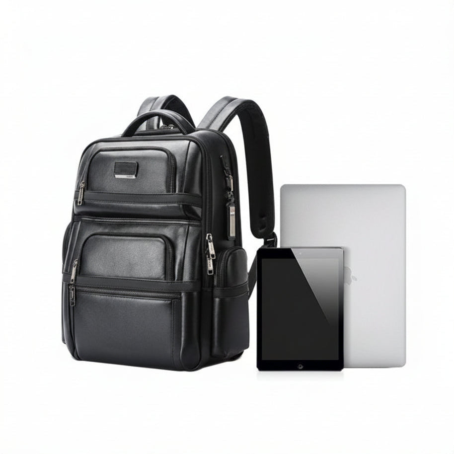 Q-Giant Genuine Leather Backpack – 40L Anti-Theft Travel & Laptop Bag with USB Charging Port