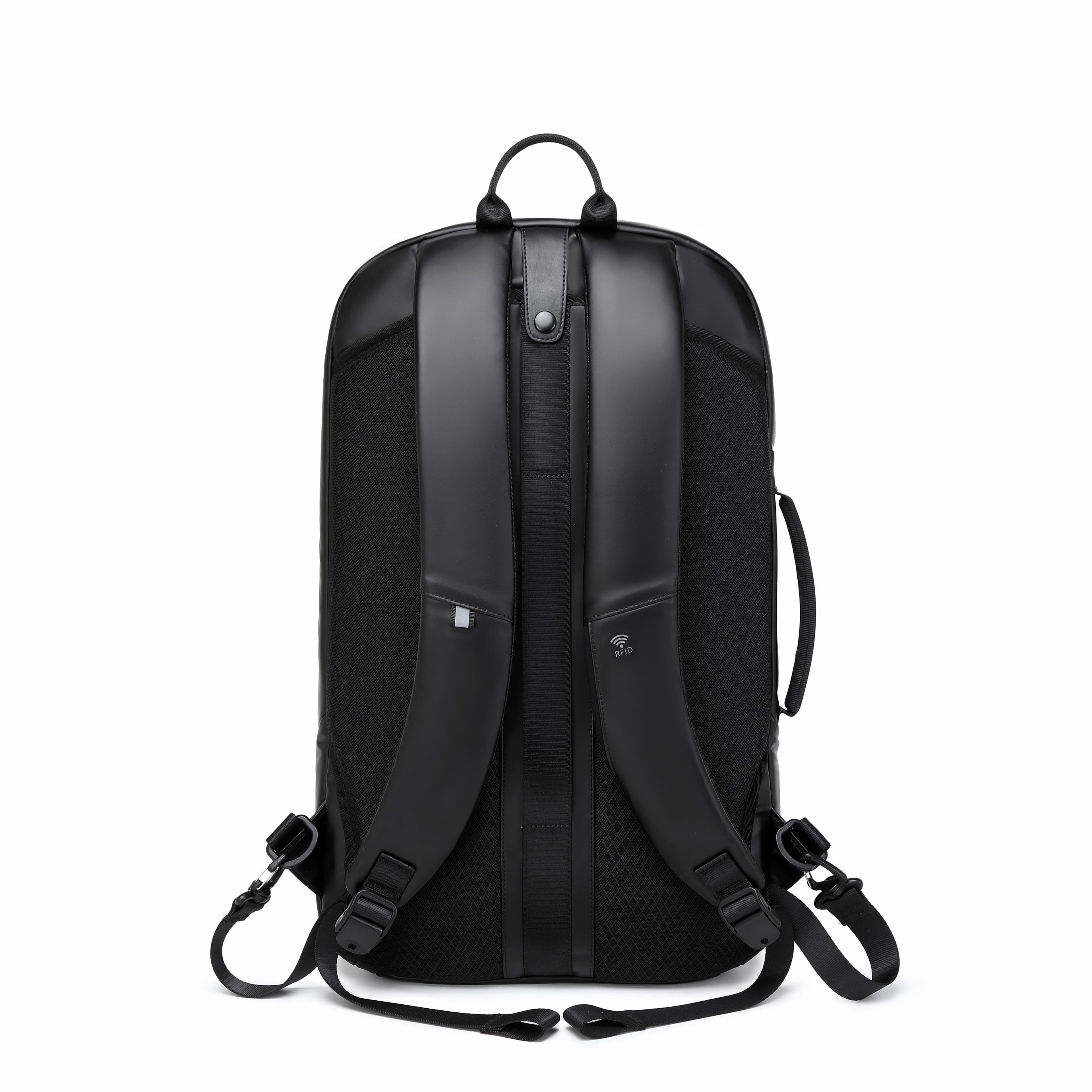 Black backpack on a white background