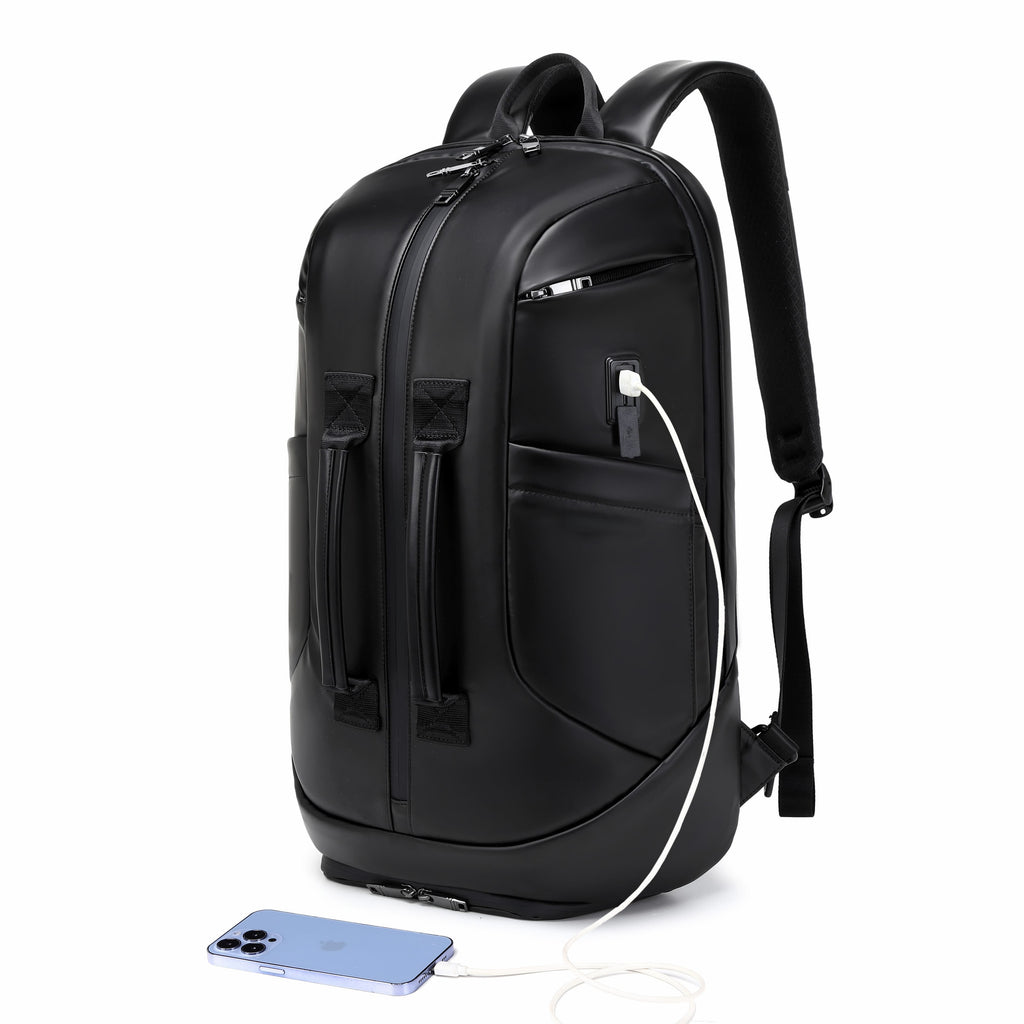 Black backpack with USB port on a white background