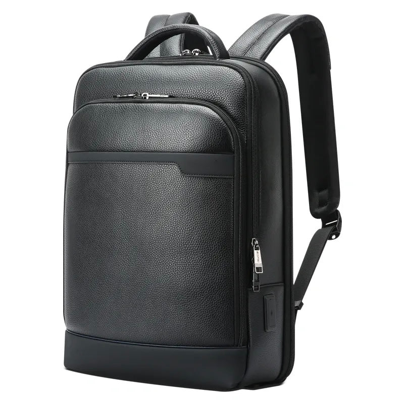 Q-HUNTER Genuine Leather Backpack – Anti-Theft, USB Charging, TSA Lay-Flat & Credit Card Pockets