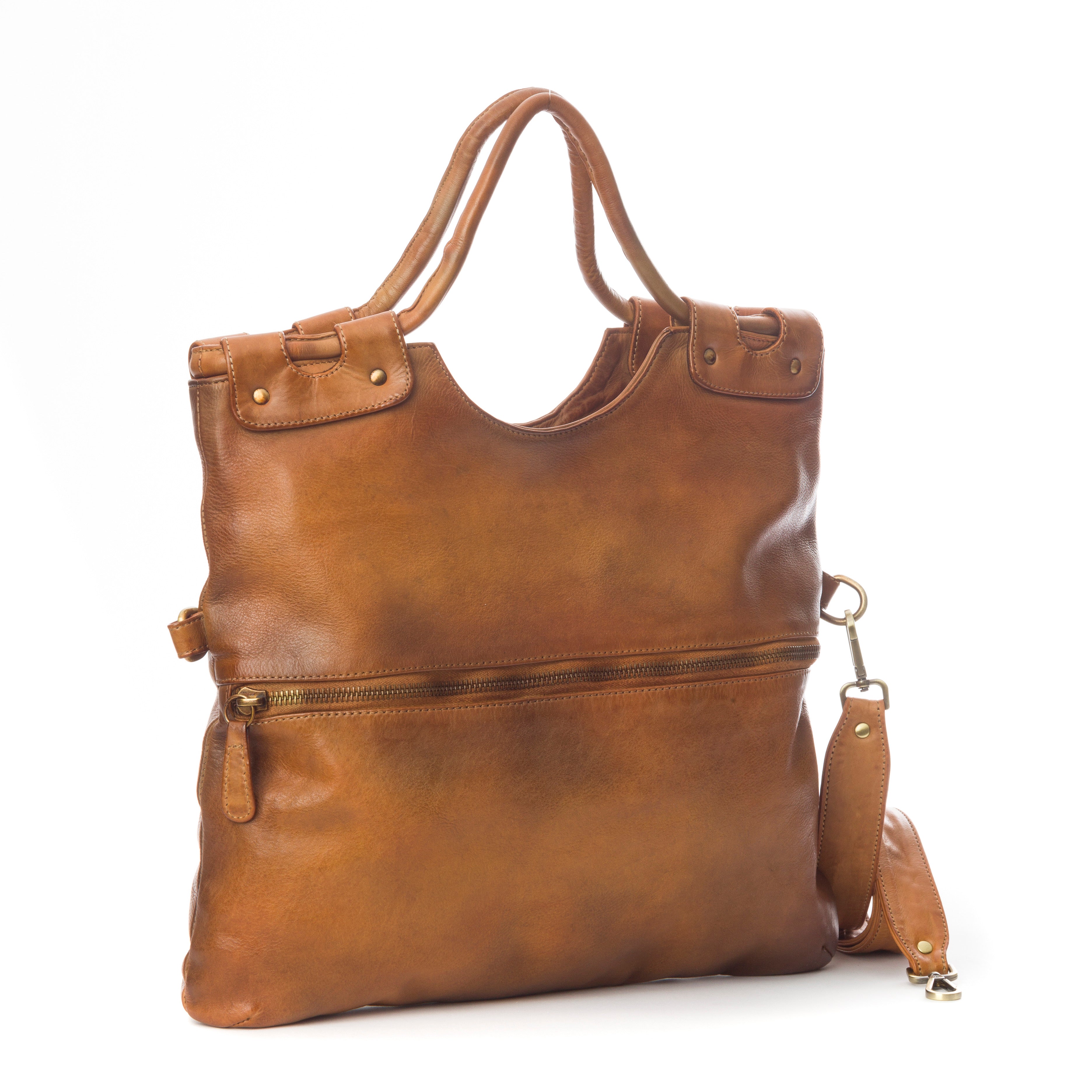 Q-LYRIC Vintage Calfskin Shoulder Bag – Foldable Italian Leather, Top Handles & Crossbody Strap