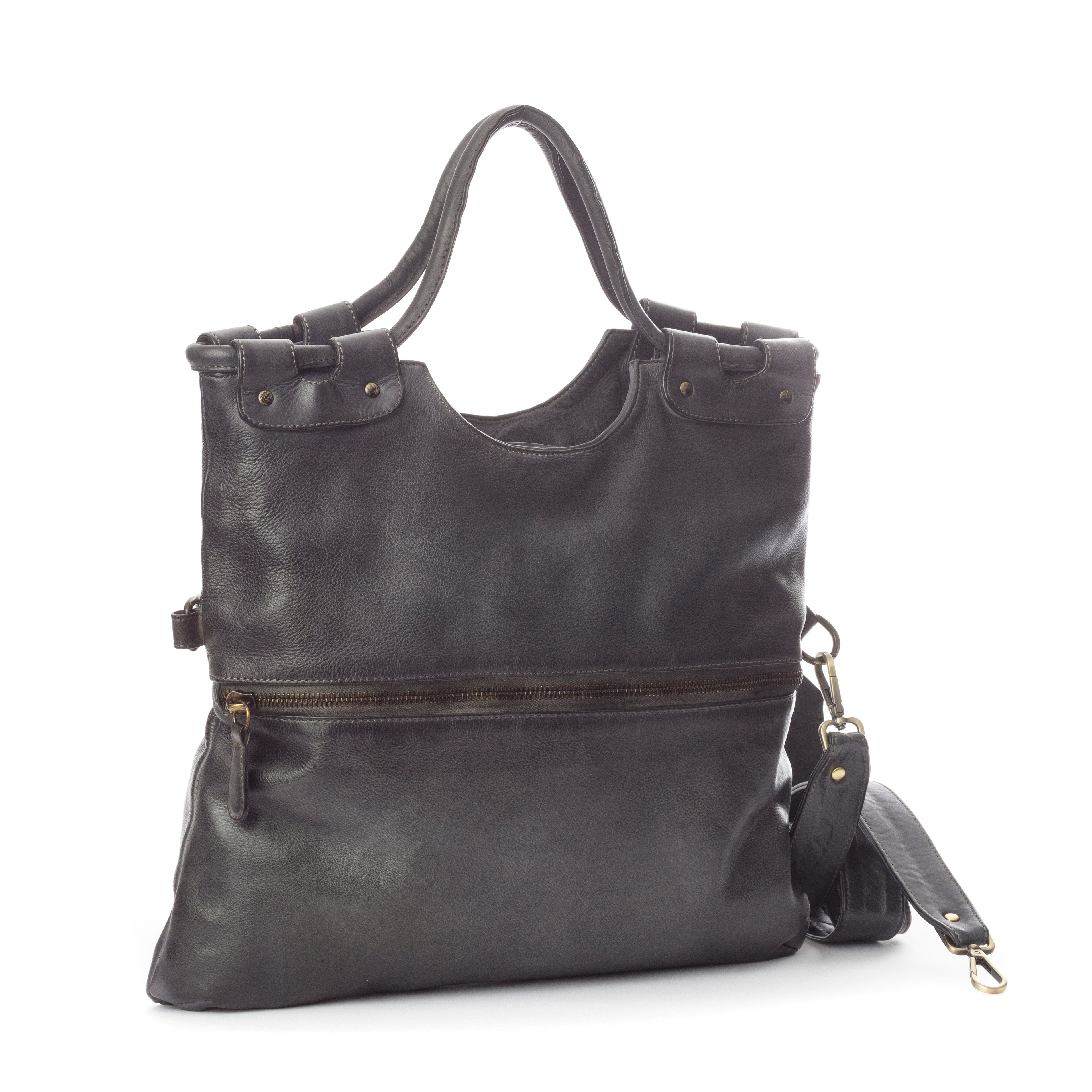 Q-LYRIC Vintage Calfskin Shoulder Bag – Foldable Italian Leather, Top Handles & Crossbody Strap
