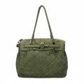 An olive green woven leather handbag with braided shoulder straps, a top zipper, and a decorative strap detail across the front flap, shown on a plain white background.