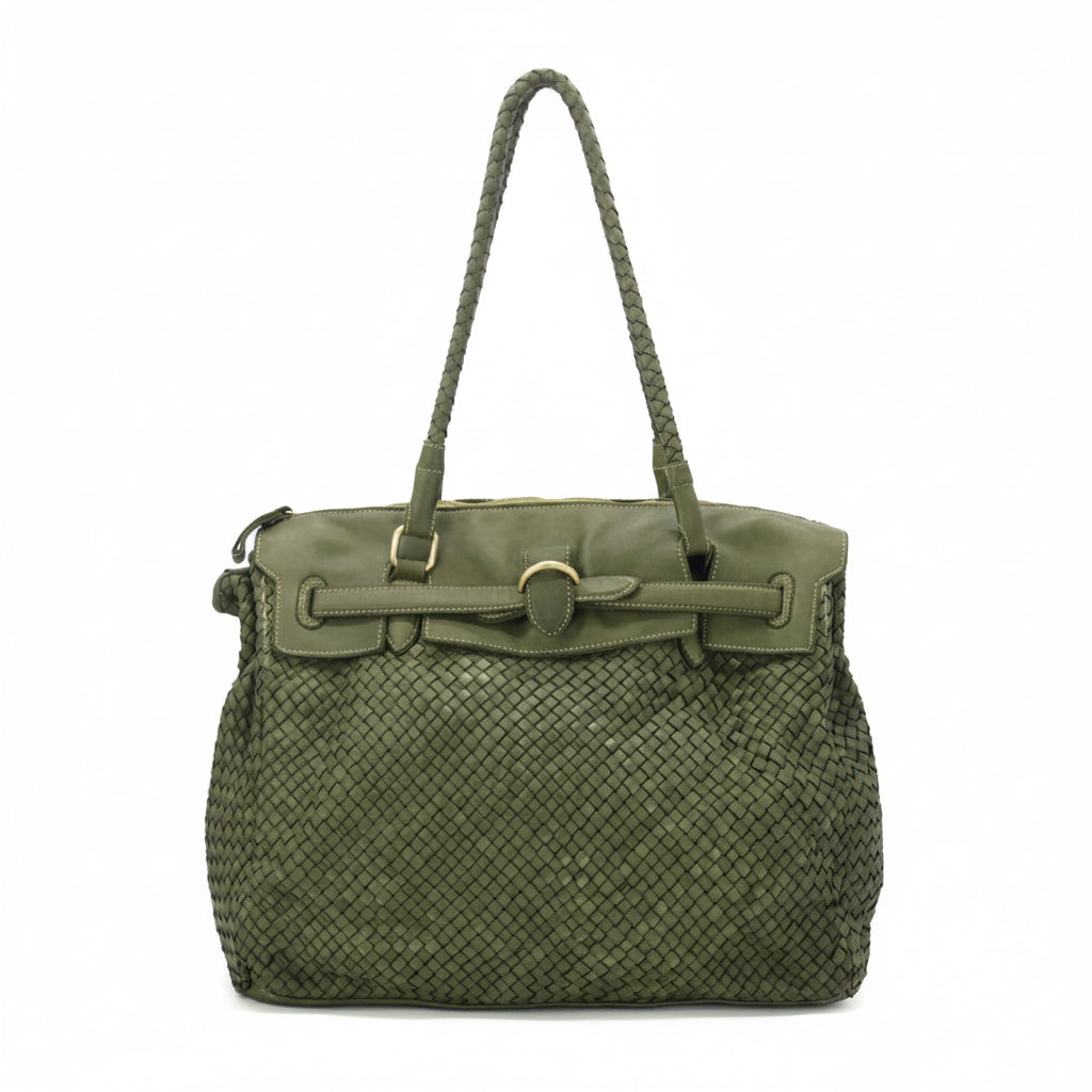 An olive green woven leather handbag with braided shoulder straps, a top zipper, and a decorative strap detail across the front flap, shown on a plain white background.