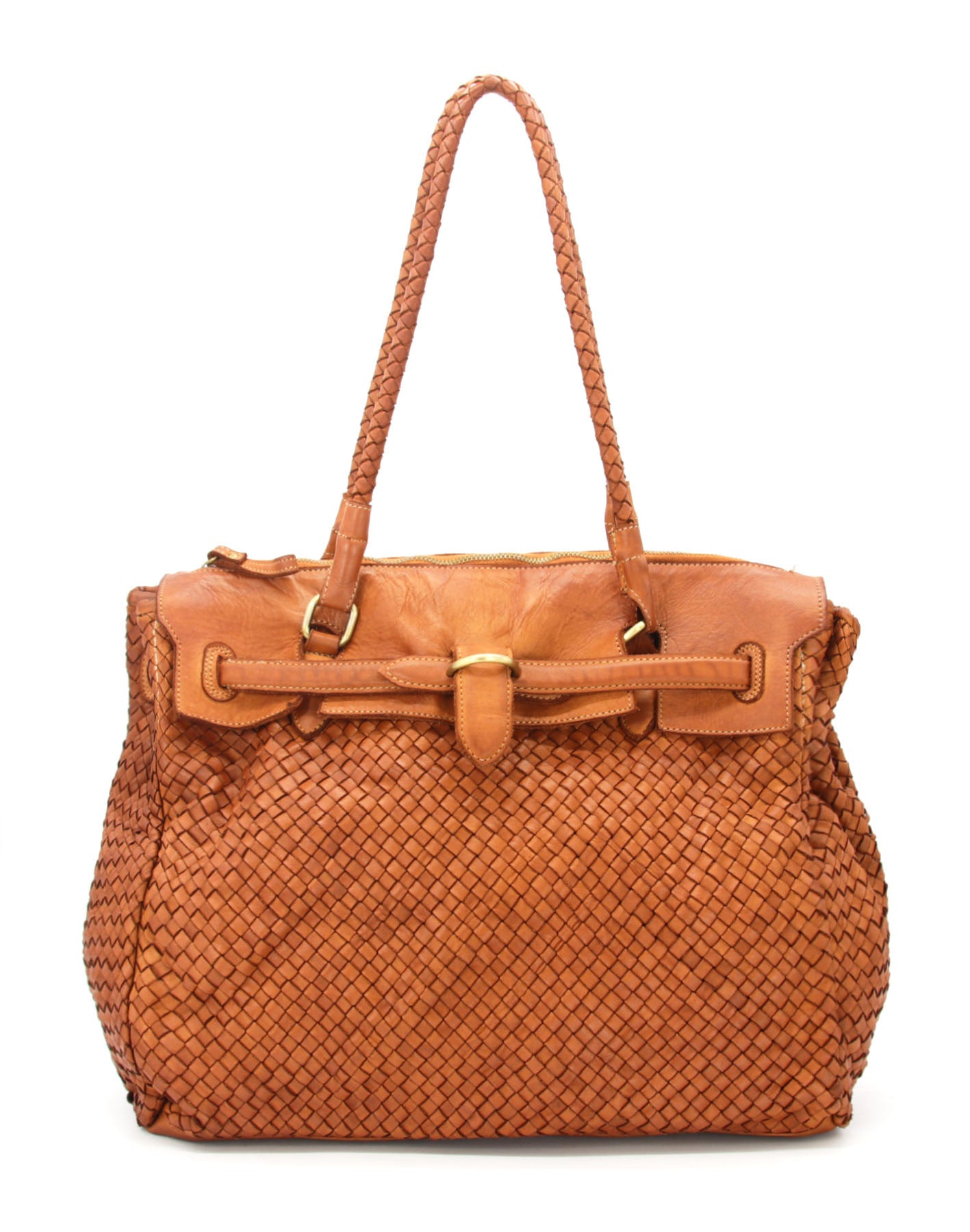 Q-LENA Women's Woven Italian Leather Shoulder Bag – Full-Grain Calfskin, Handmade