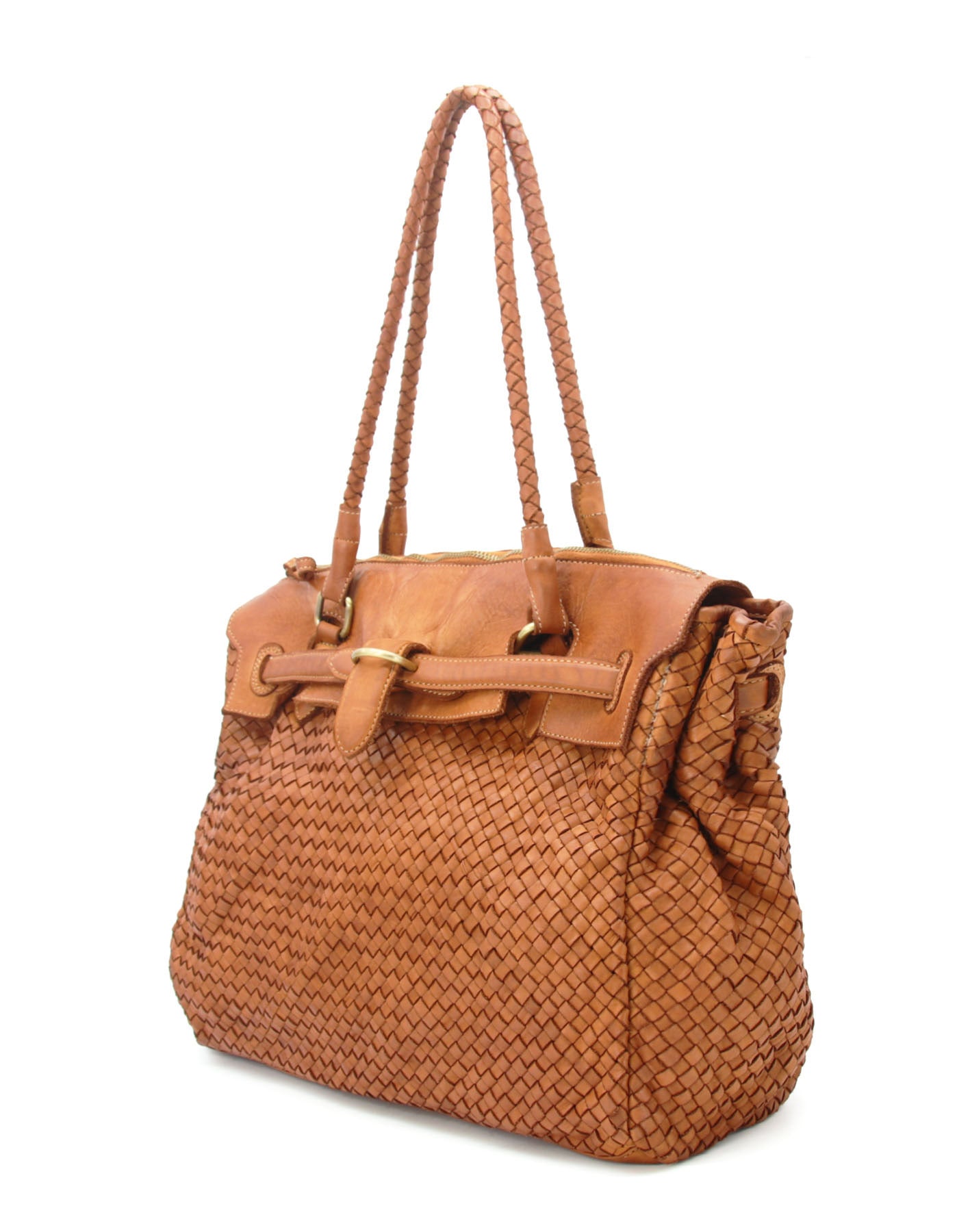 Q-LENA Women's Woven Italian Leather Shoulder Bag – Full-Grain Calfskin, Handmade