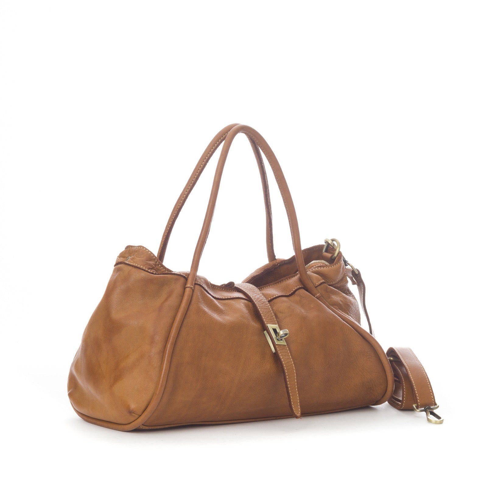 Q-LUNARA Vintage Smooth Calfskin Bag – Italian Leather, Zip & Buckle Closure, Medium