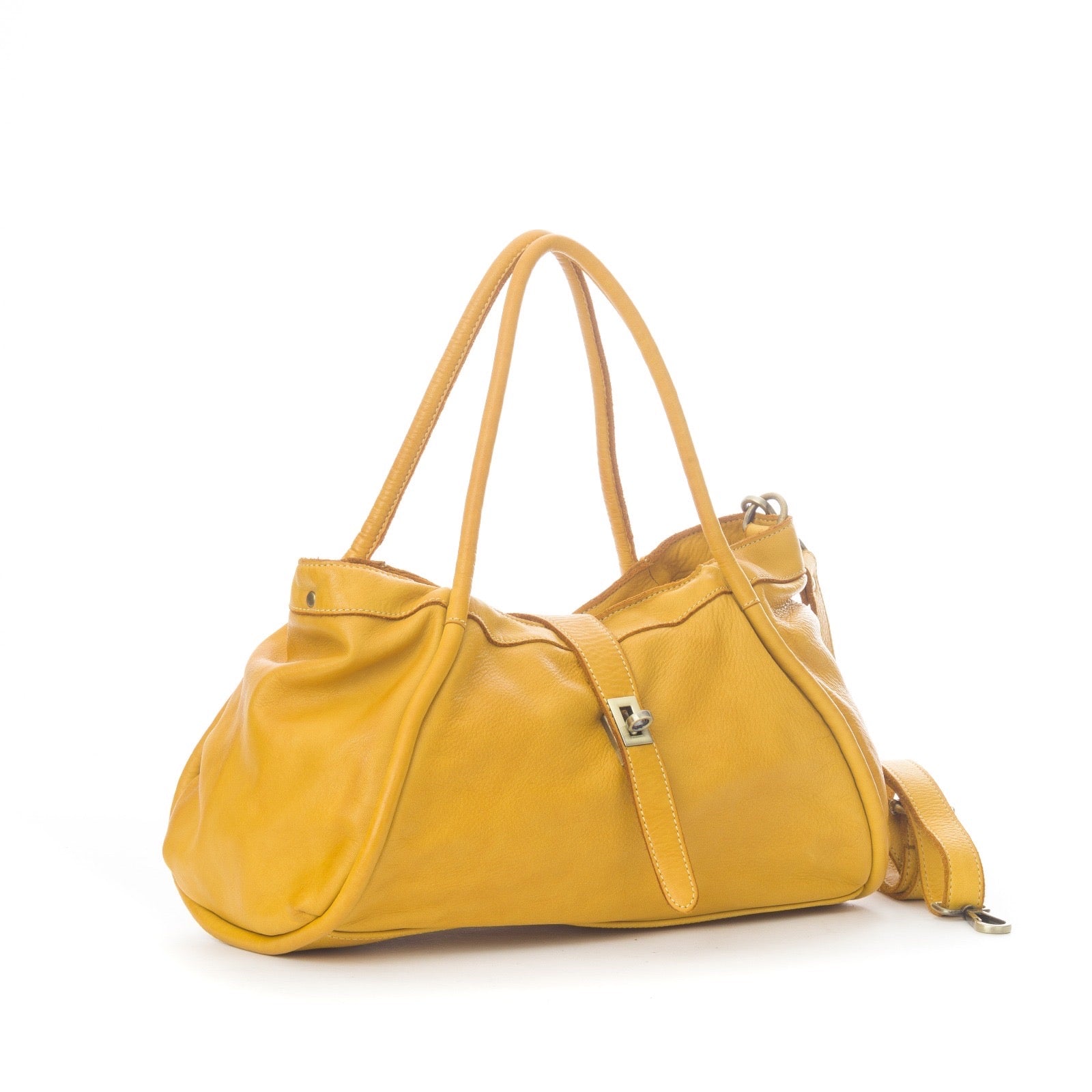 Q-LUNARA Vintage Smooth Calfskin Bag – Italian Leather, Zip & Buckle Closure, Medium
