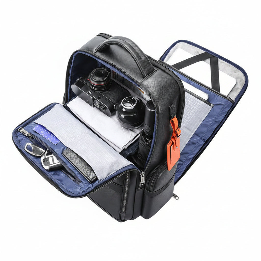Q-MARSHAL Genuine Leather Backpack 40L – Anti-Theft, USB Charging, TSA Lay-Flat & Flannel Laptop Compartment
