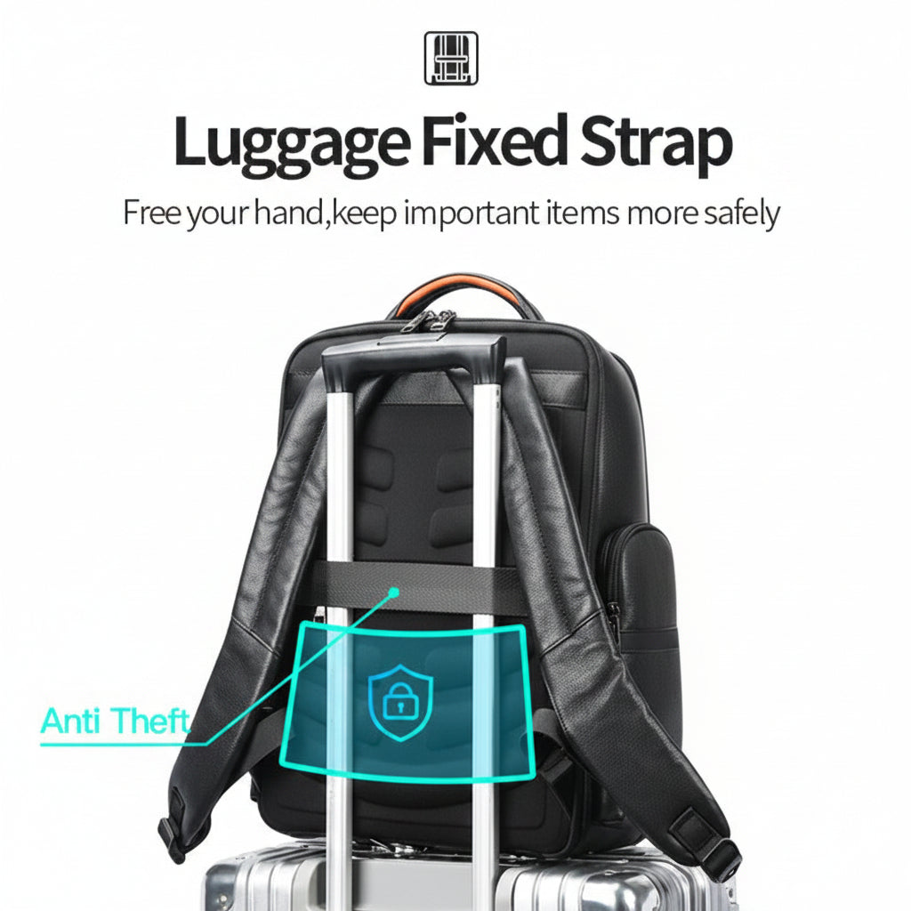 Q-MARSHAL Genuine Leather Backpack 40L – Anti-Theft, USB Charging, TSA Lay-Flat & Flannel Laptop Compartment