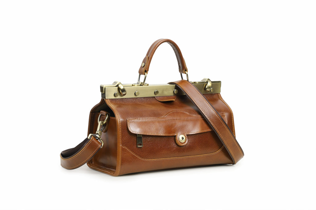 Q-MARVELLA Vintage Luxury Mini Box Handbag for Women – Full-Grain Vegetable-Tanned Leather, Kiss-Lock