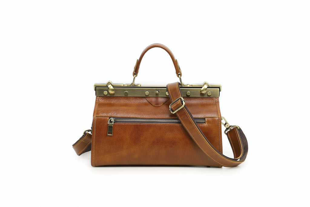 Q-MARVELLA Vintage Luxury Mini Box Handbag for Women – Full-Grain Vegetable-Tanned Leather, Kiss-Lock