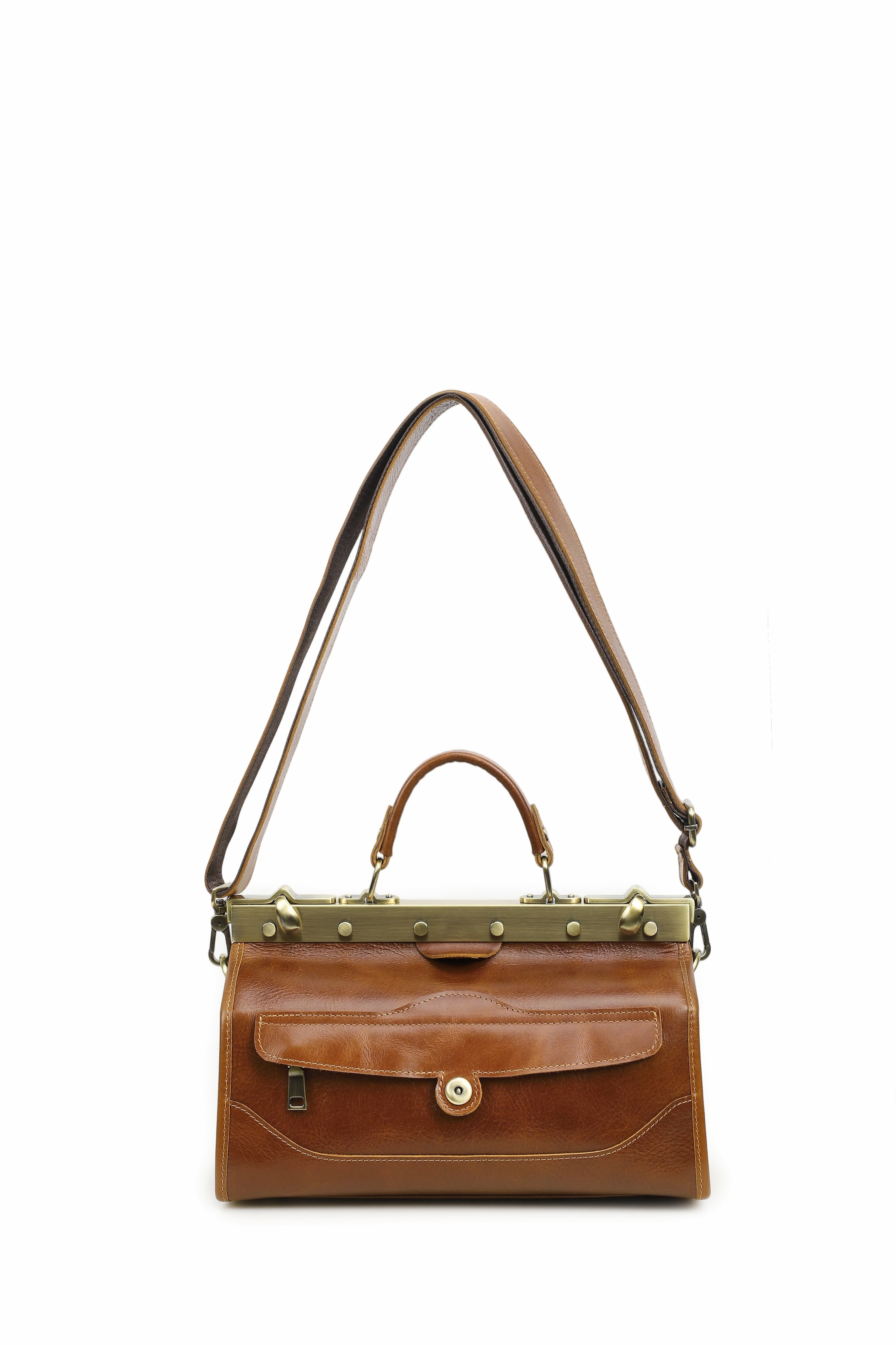 Q-MARVELLA Vintage Luxury Mini Box Handbag for Women – Full-Grain Vegetable-Tanned Leather, Kiss-Lock