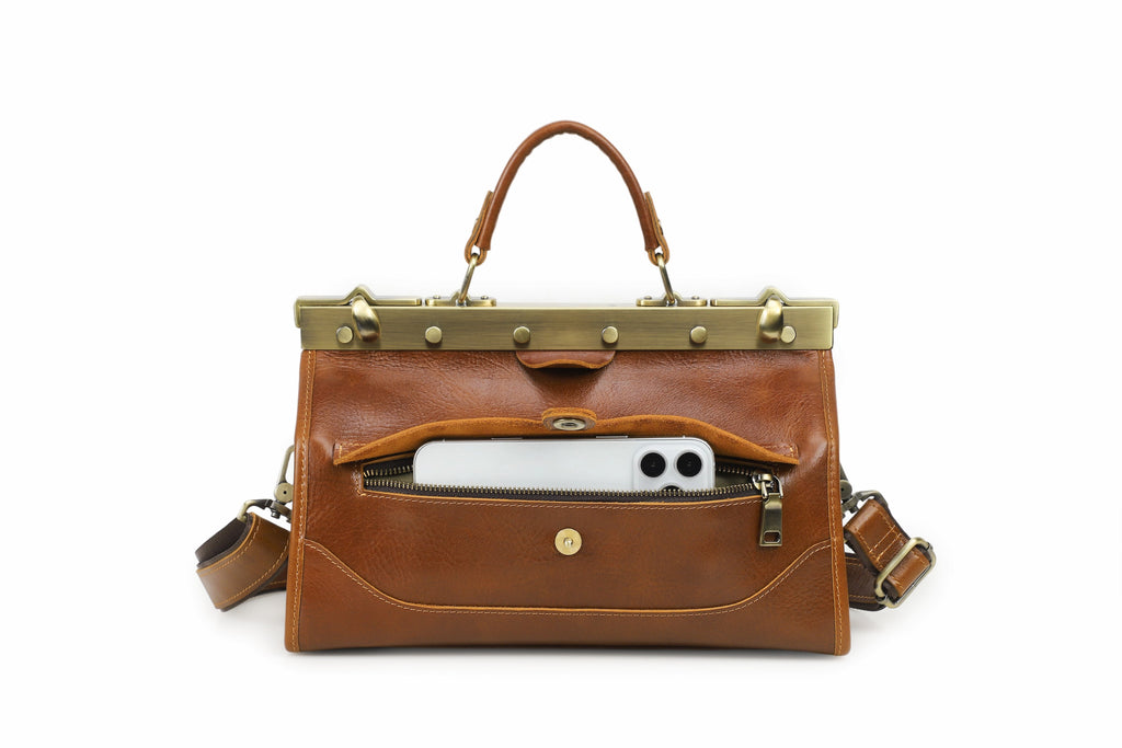 Q-MARVELLA Vintage Luxury Mini Box Handbag for Women – Full-Grain Vegetable-Tanned Leather, Kiss-Lock