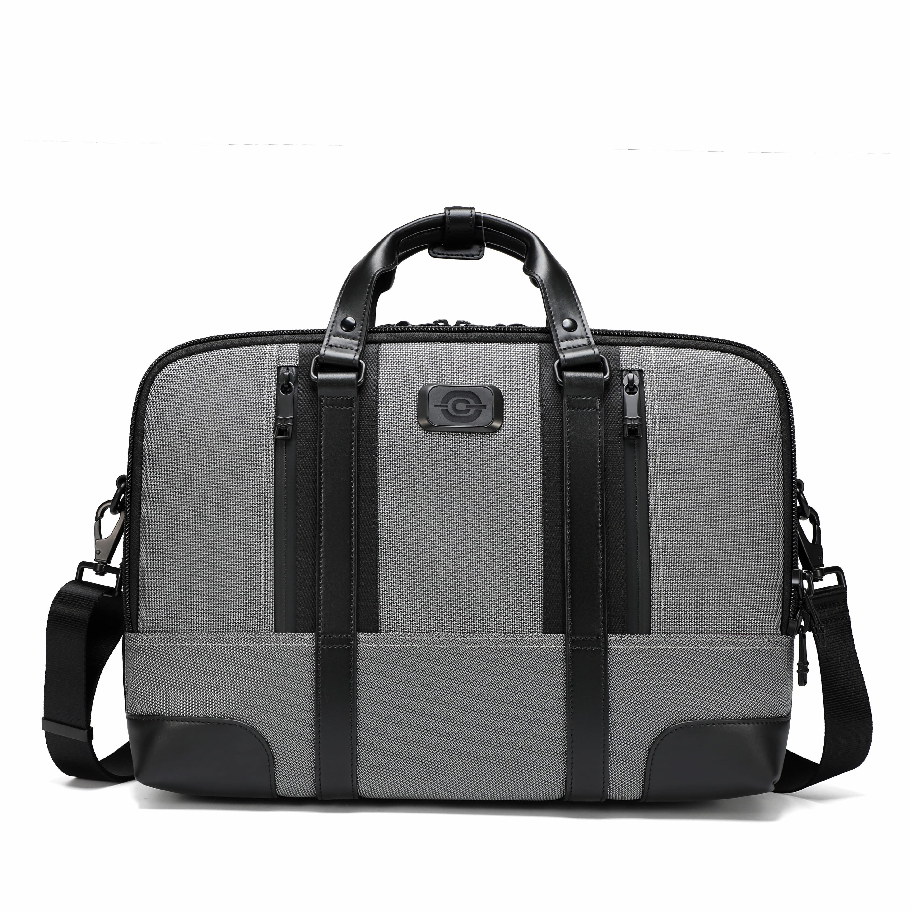 A gray and black laptop briefcase with dual top handles, a detachable shoulder strap, and a textured front panel, shown on a plain white background.