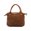 A brown woven leather handbag with dual top handles and a small metal snap closure on the front flap, shown against a plain white background.