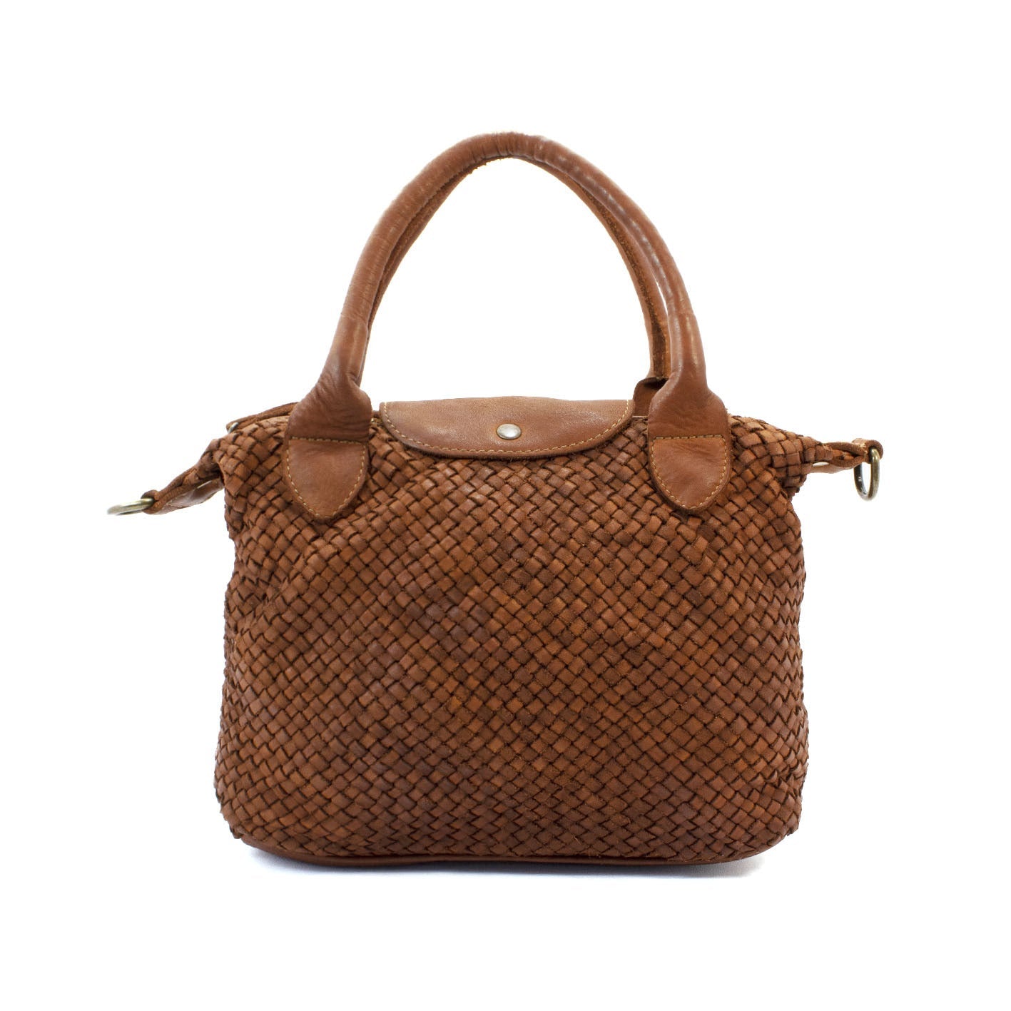 A brown woven leather handbag with dual top handles and a small metal snap closure on the front flap, shown against a plain white background.