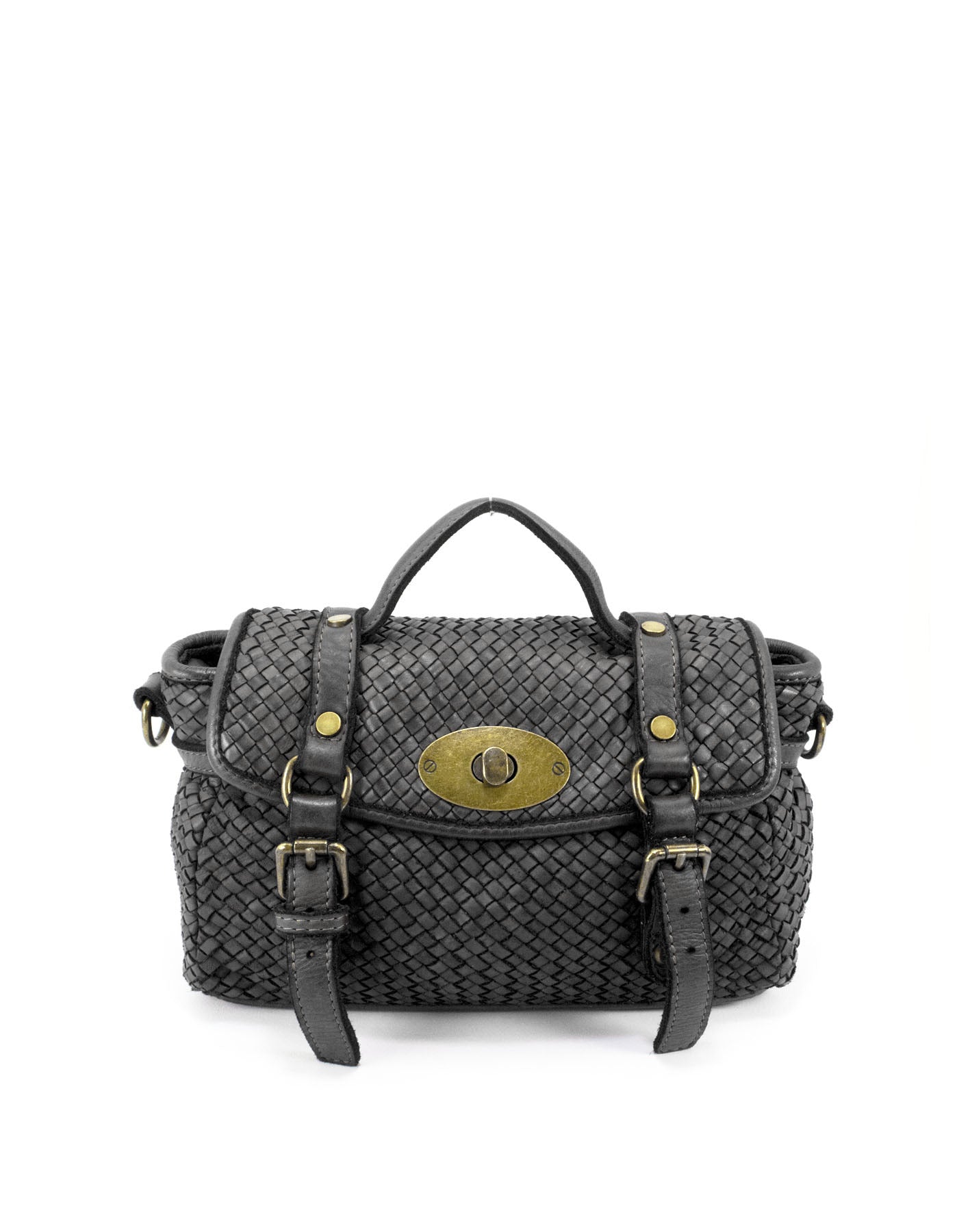 Q-NOOR Vintage Woven Calfskin Small Bag – Italian Leather, Buckle Flap & Crossbody Strap