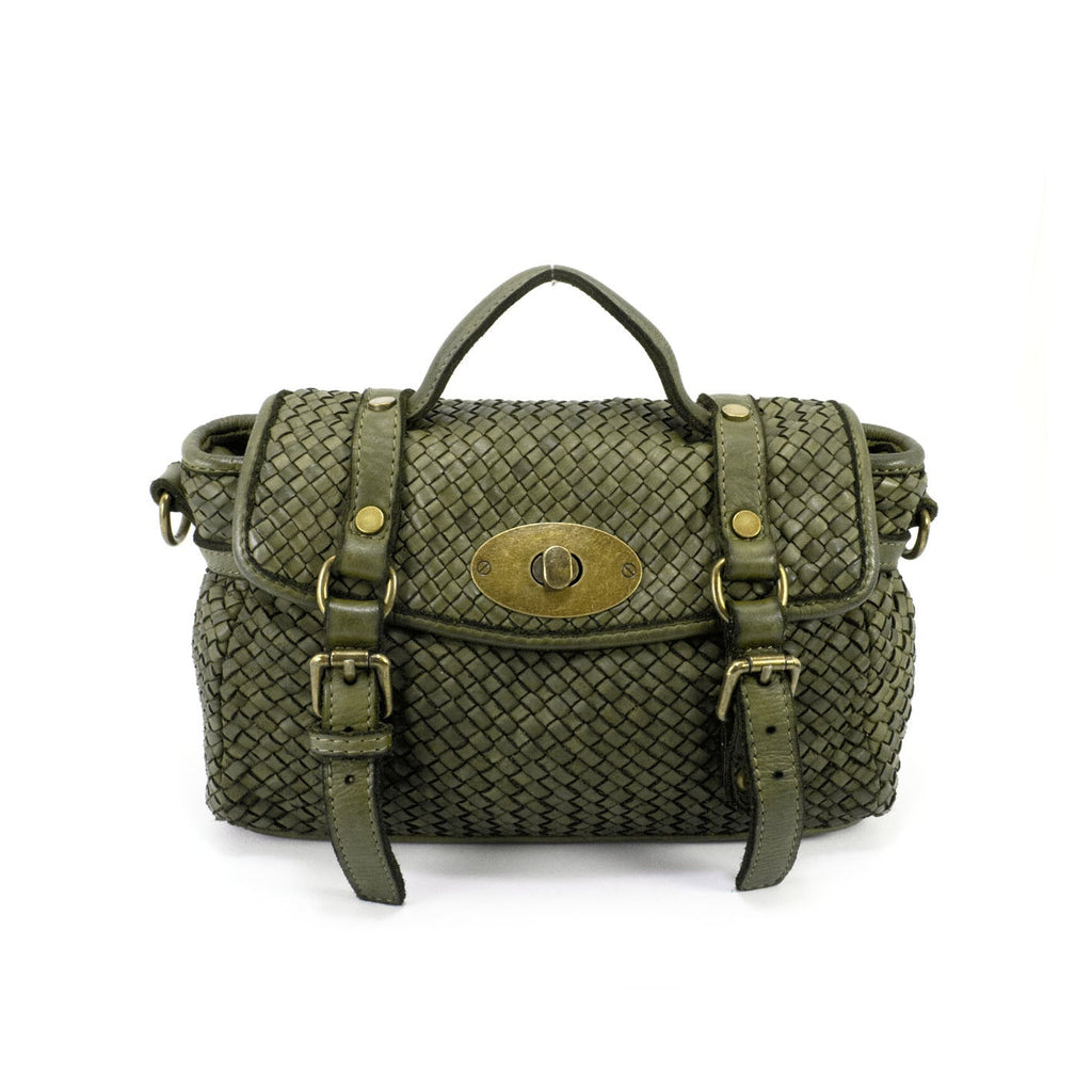 Q-NOOR Vintage Woven Calfskin Small Bag – Italian Leather, Buckle Flap & Crossbody Strap