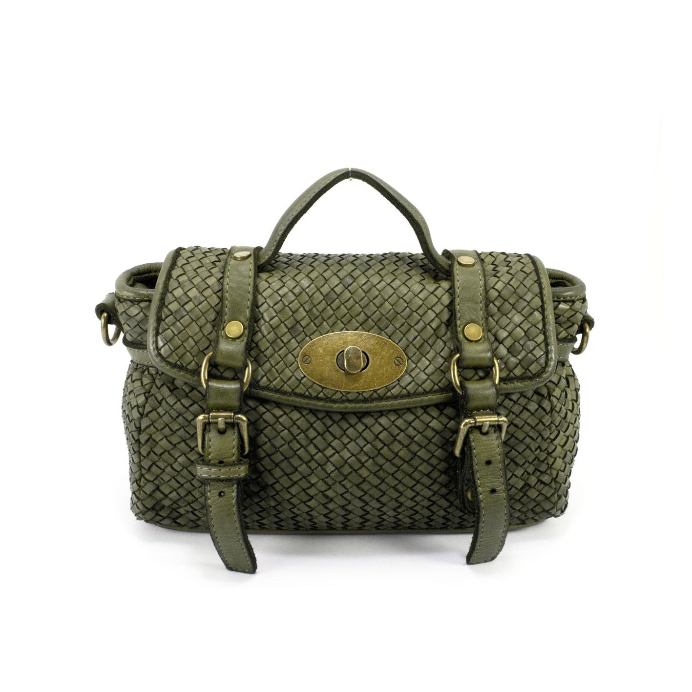 Q-NOOR Vintage Woven Calfskin Small Bag – Italian Leather, Buckle Flap & Crossbody Strap
