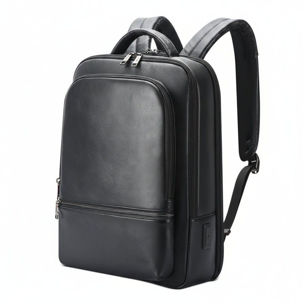 Q-NINJAHOOD Genuine Leather Laptop Backpack – USB Charging, TSA Lay-Flat & Breathable Back Support