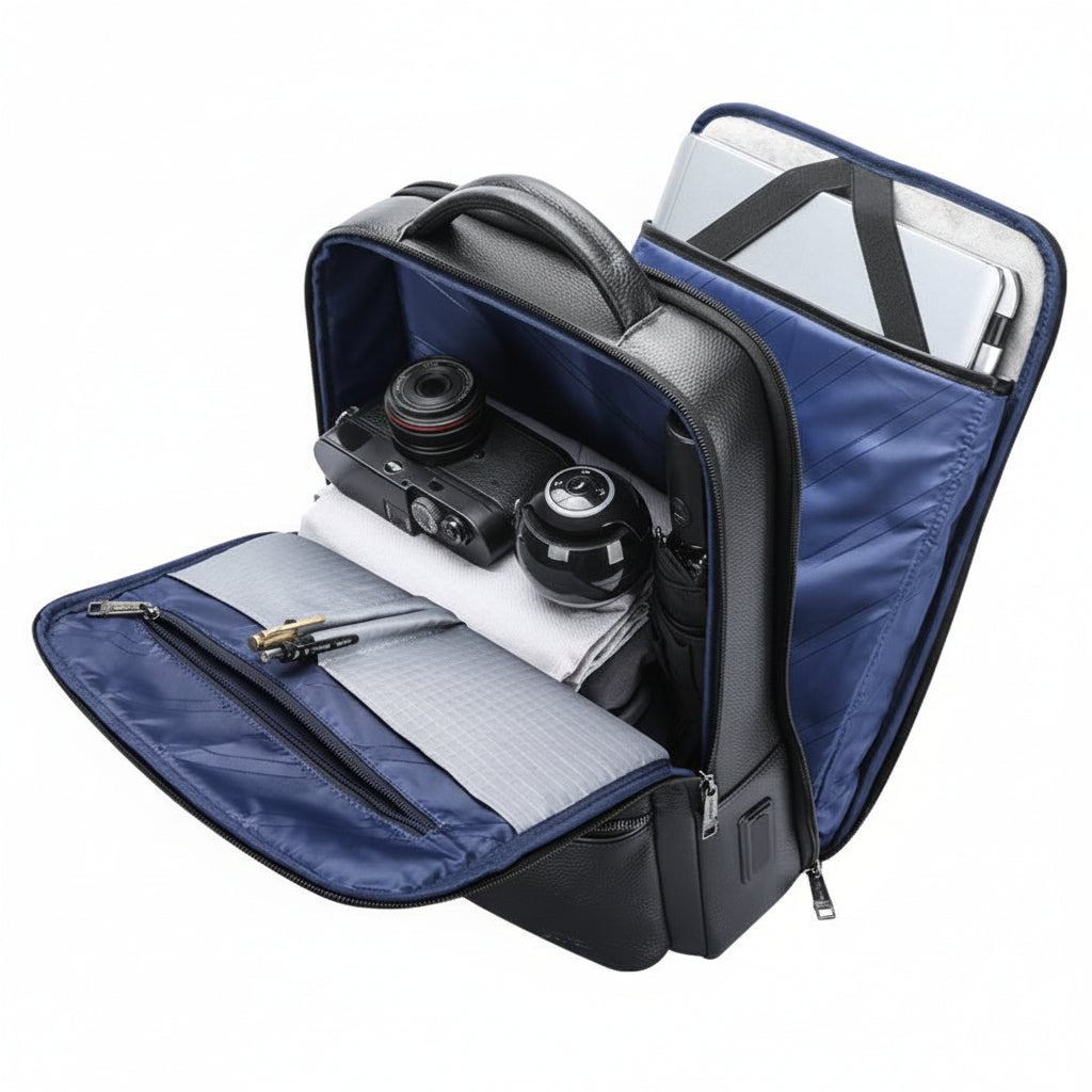 Q-NINJAHOOD Genuine Leather Laptop Backpack – USB Charging, TSA Lay-Flat & Breathable Back Support