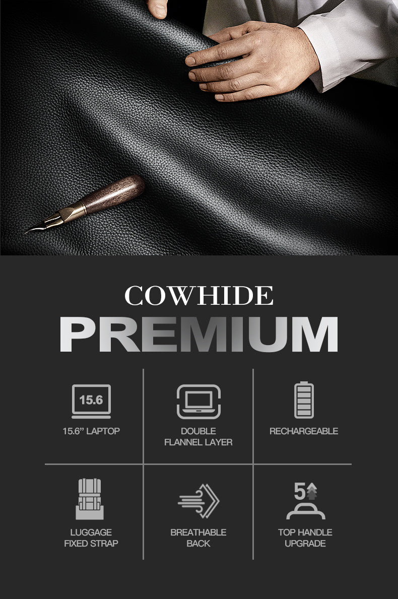 Q-THUNDER Genuine Leather Backpack – Large Capacity, USB Charging, TSA Lay-Flat & Ergonomic Straps