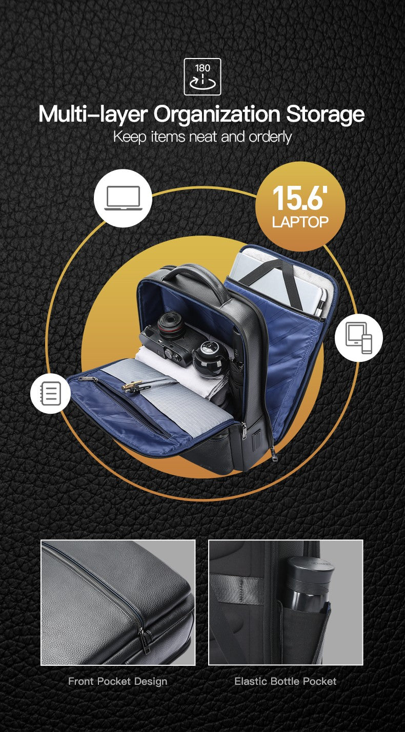 Q-NINJAHOOD Genuine Leather Laptop Backpack – USB Charging, TSA Lay-Flat & Breathable Back Support