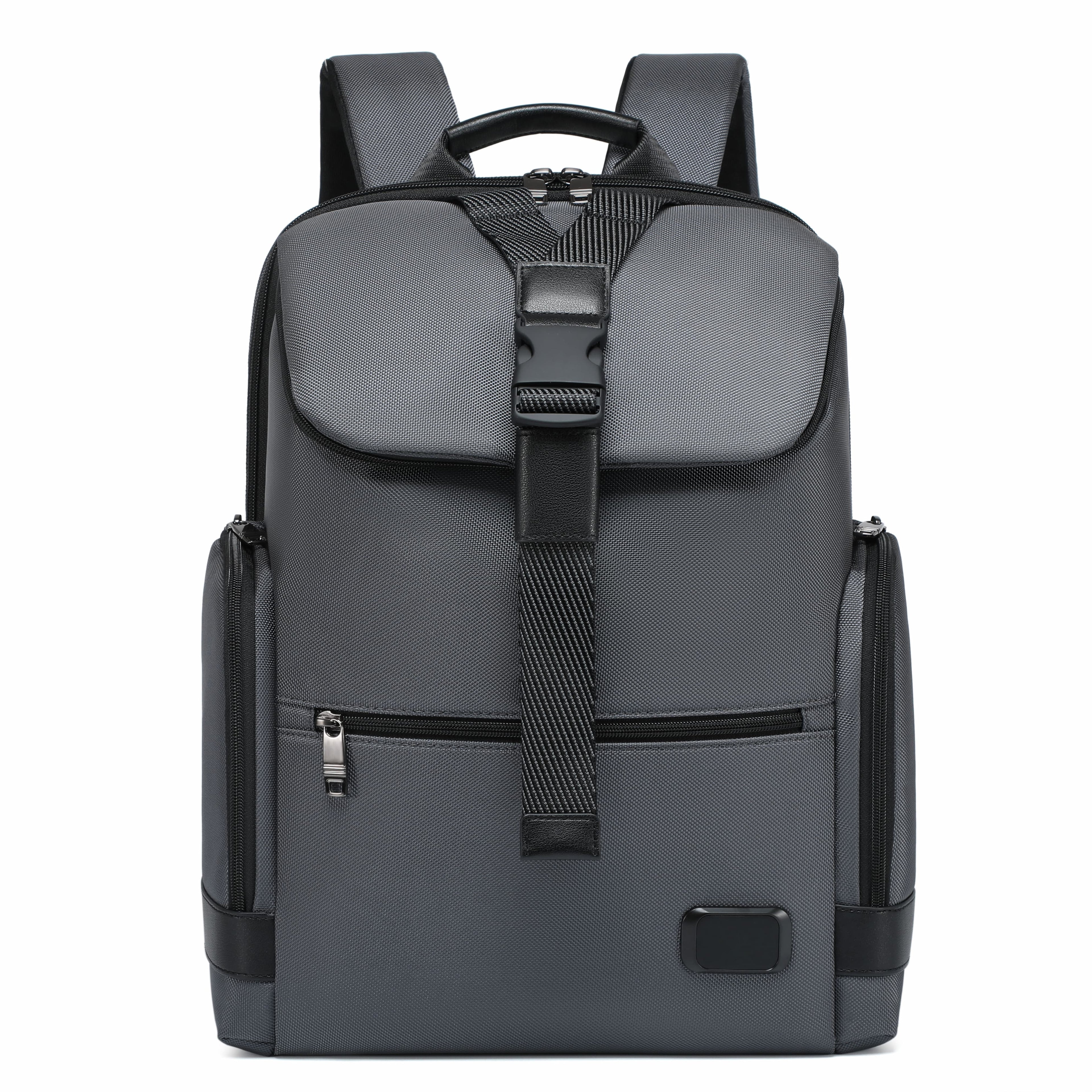A dark gray and black backpack with a front flap pocket, vertical compression strap, and side pockets, shown against a plain white background.