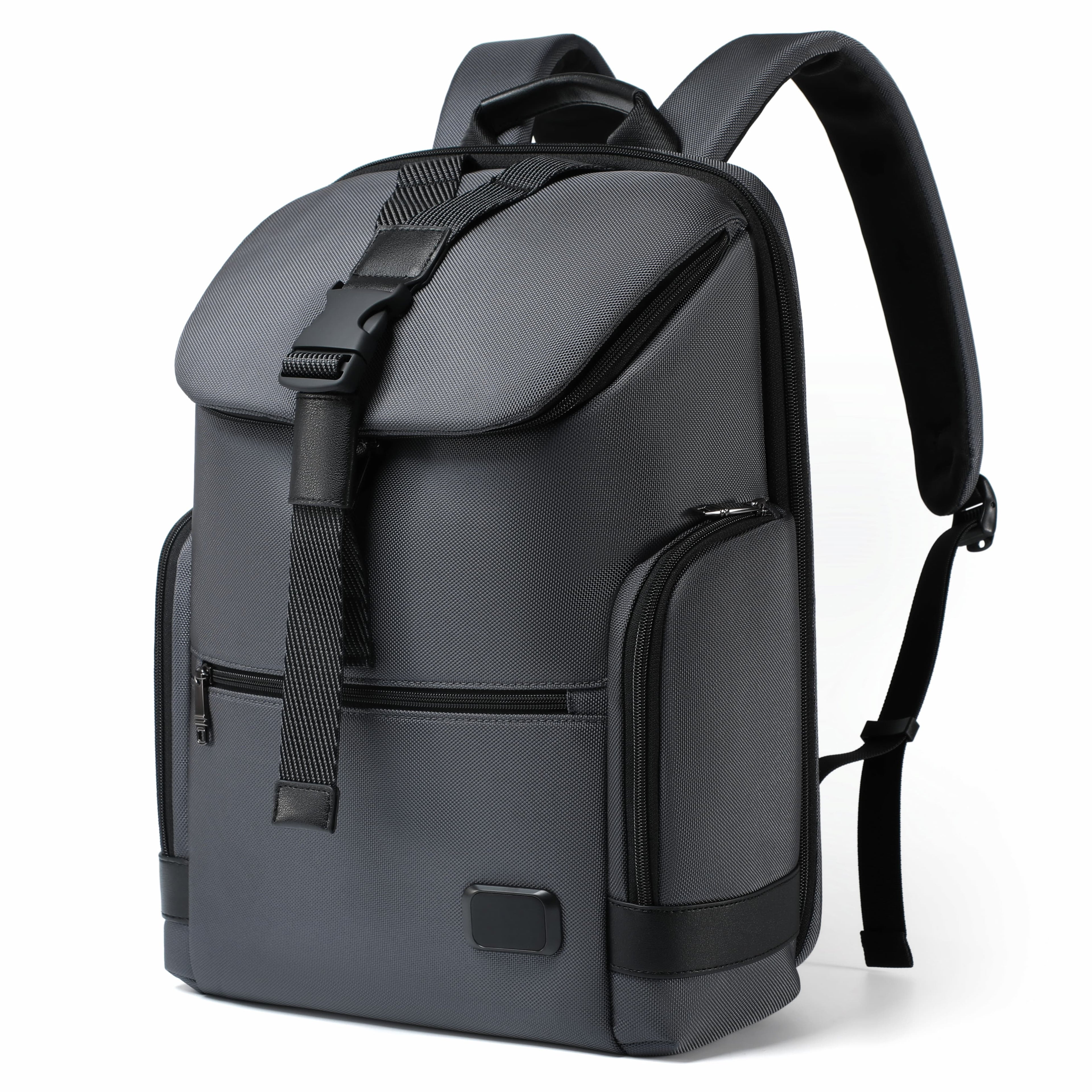 A dark gray and black backpack with a top flap, front zippered pocket, and padded shoulder straps, shown on a clean white background.