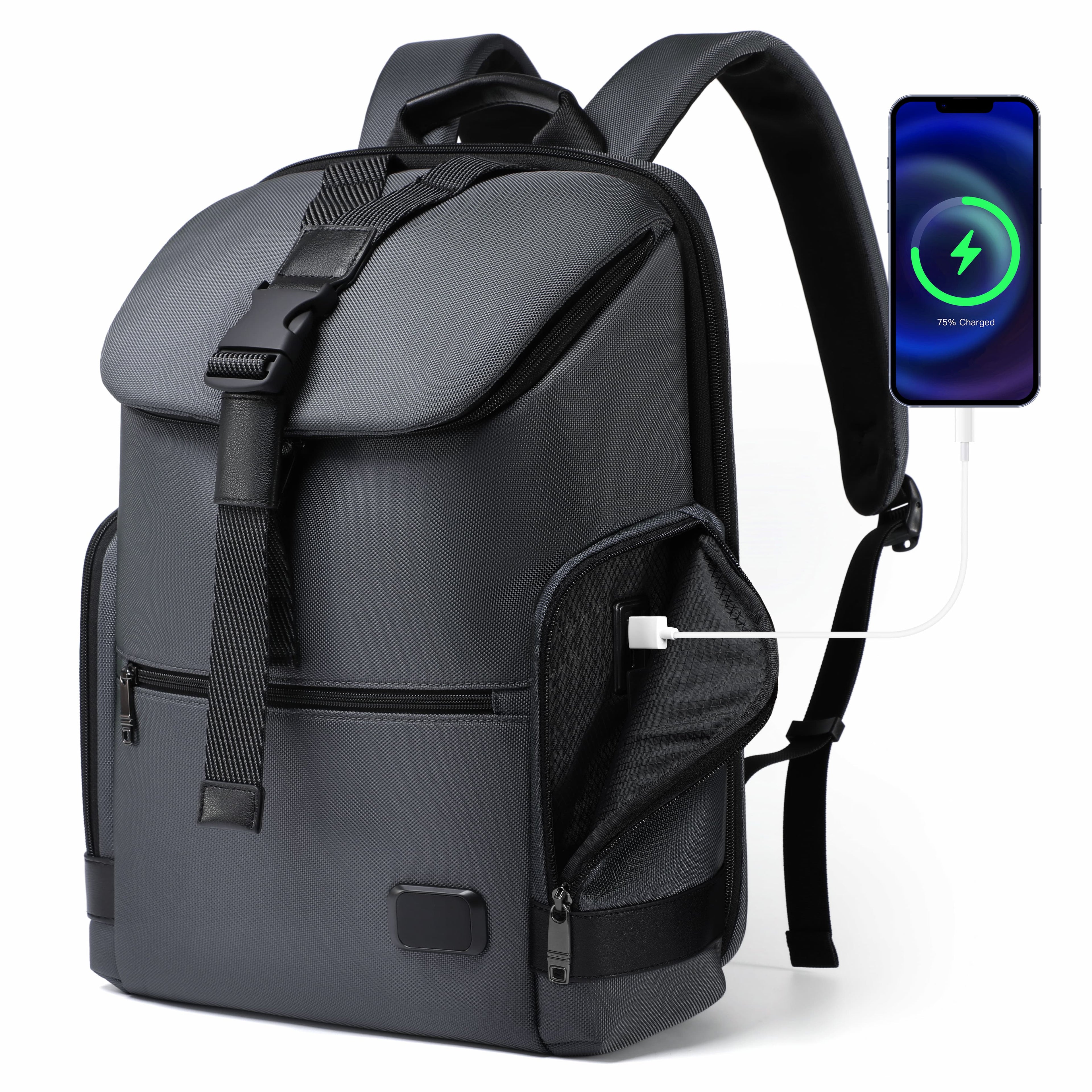 A dark gray backpack with a side USB charging port, shown with a smartphone displaying a charging screen connected to the side pocket.