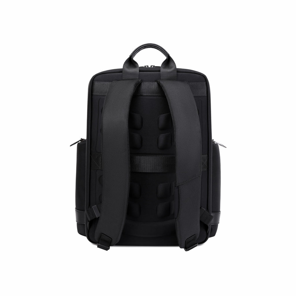 Black backpack shown from the back view on a solid white background.