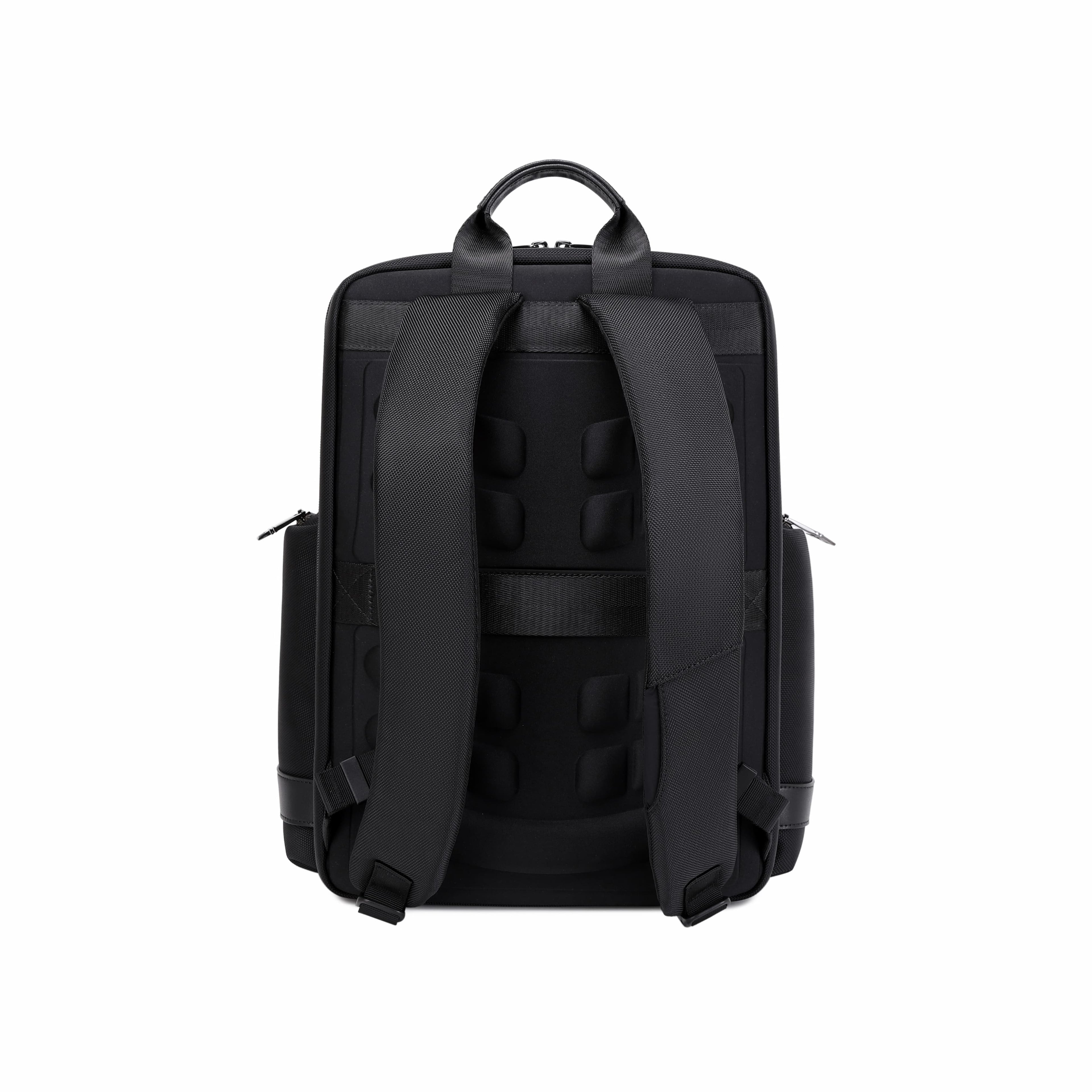 Black backpack shown from the back view on a solid white background.