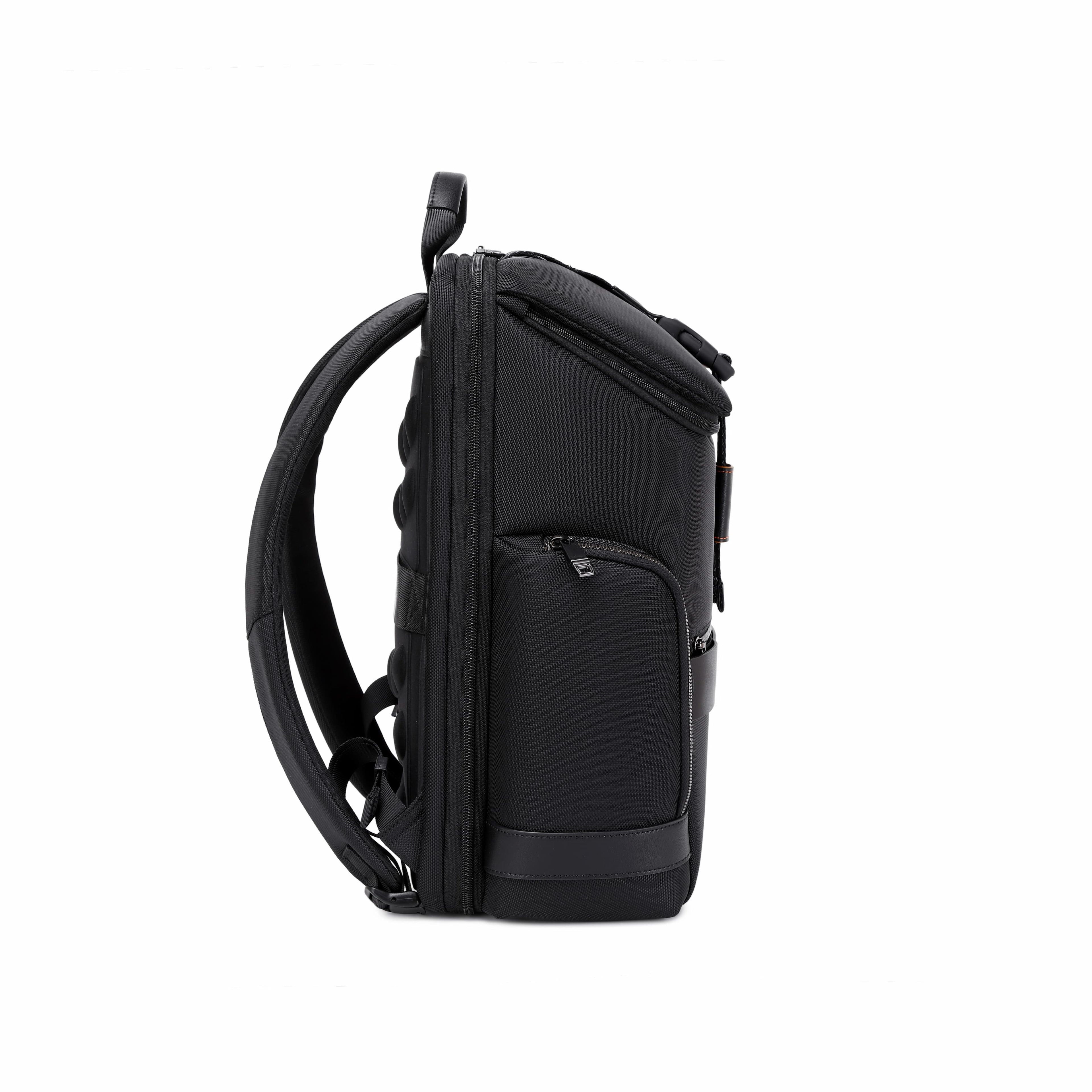 A black backpack shown from the side profile against a solid white background.