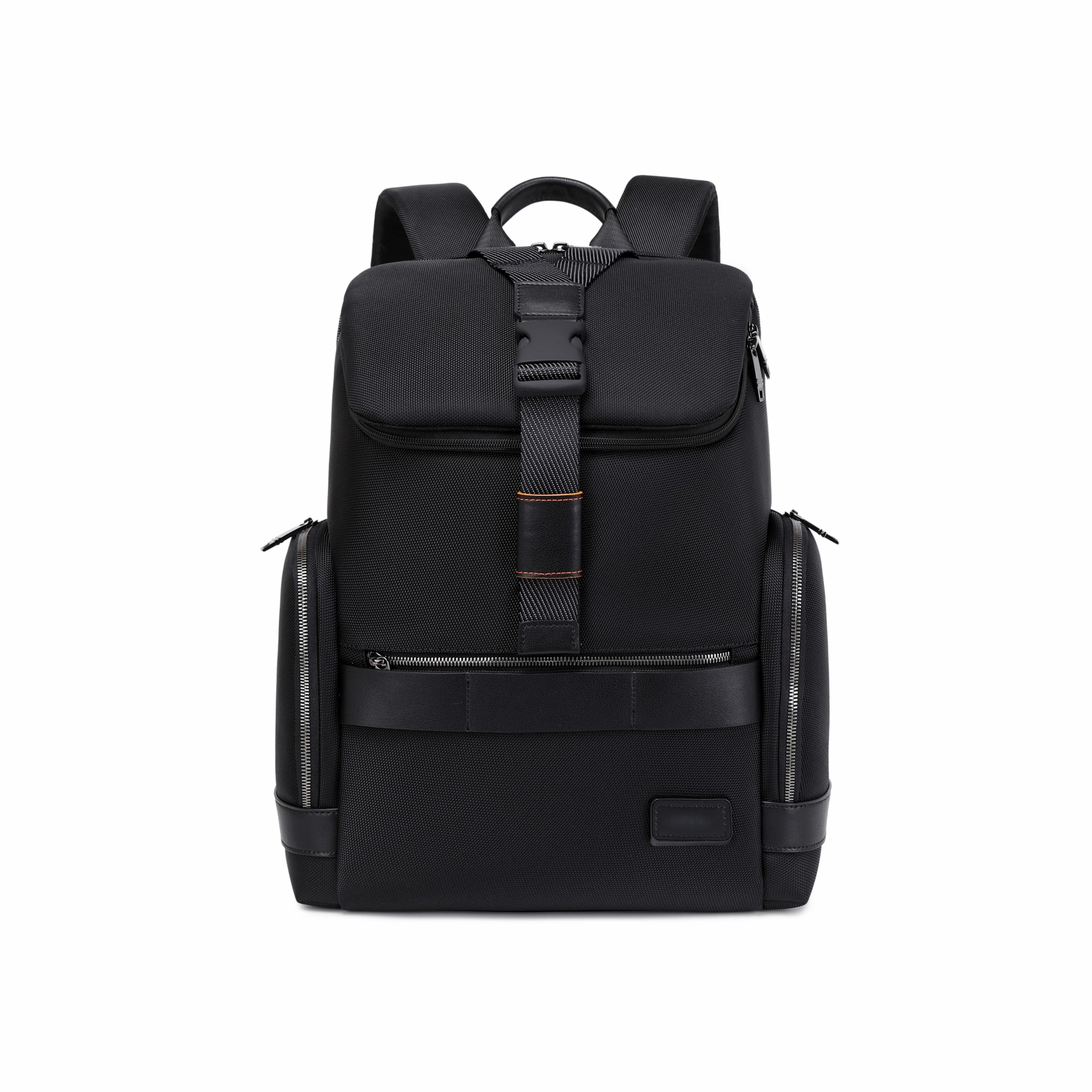 A black nylon backpack with brown leather accents and a central buckle strap, shown from the back on a solid white background.