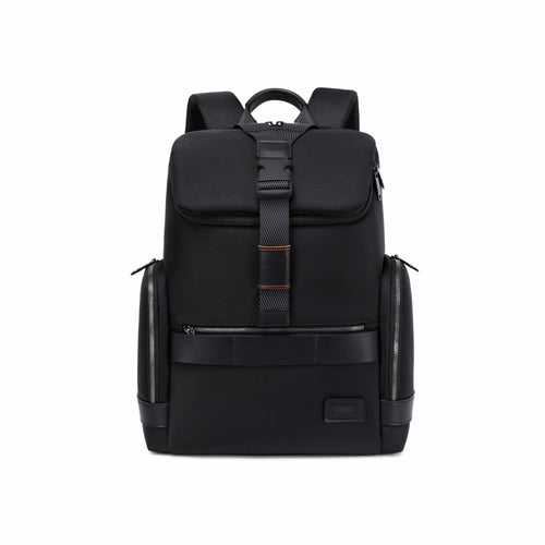 A black nylon backpack with brown leather accents and a central buckle strap, shown from the back on a solid white background.