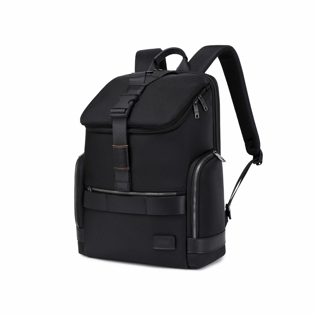 Black backpack with a red label on a white background
