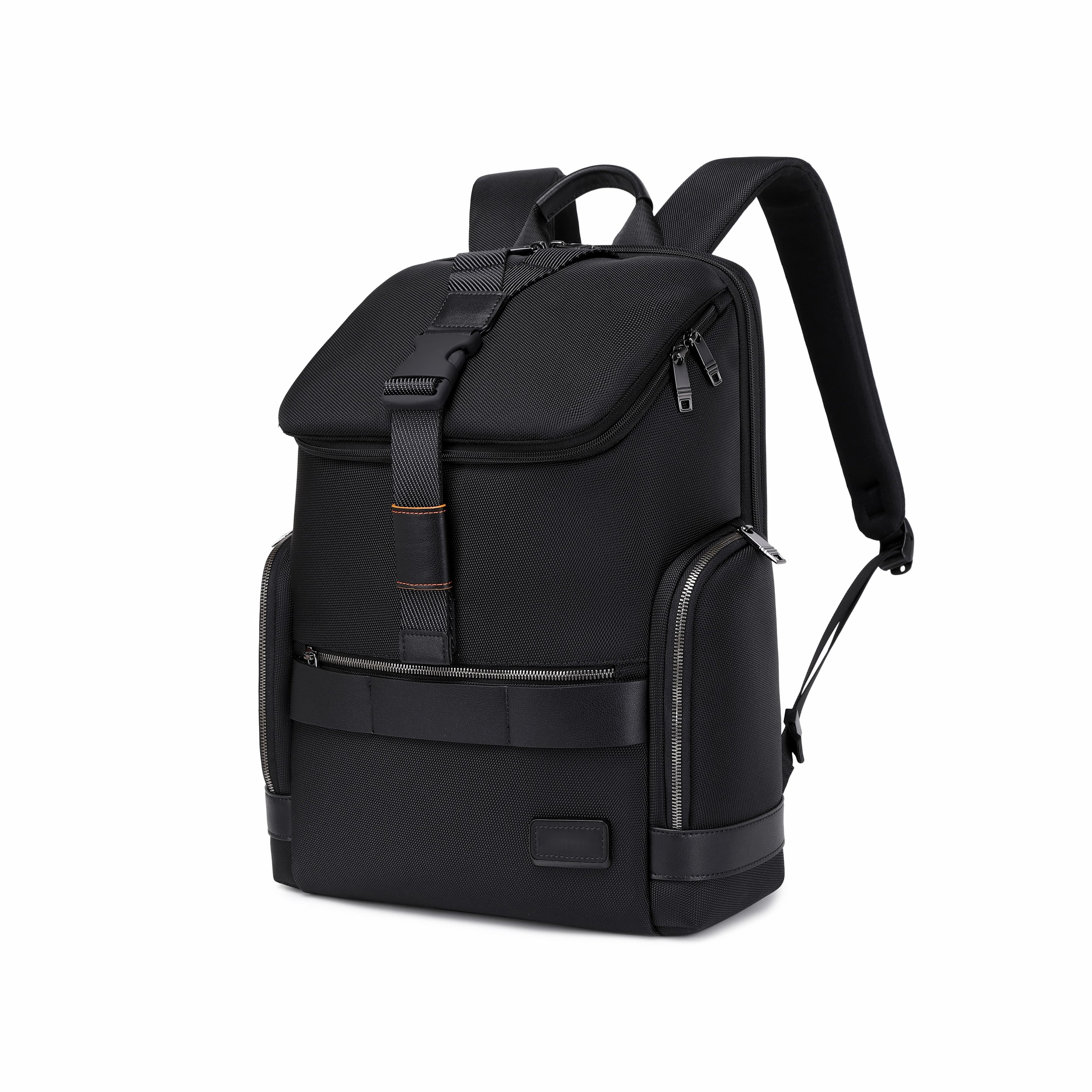 Black backpack with a red label on a white background