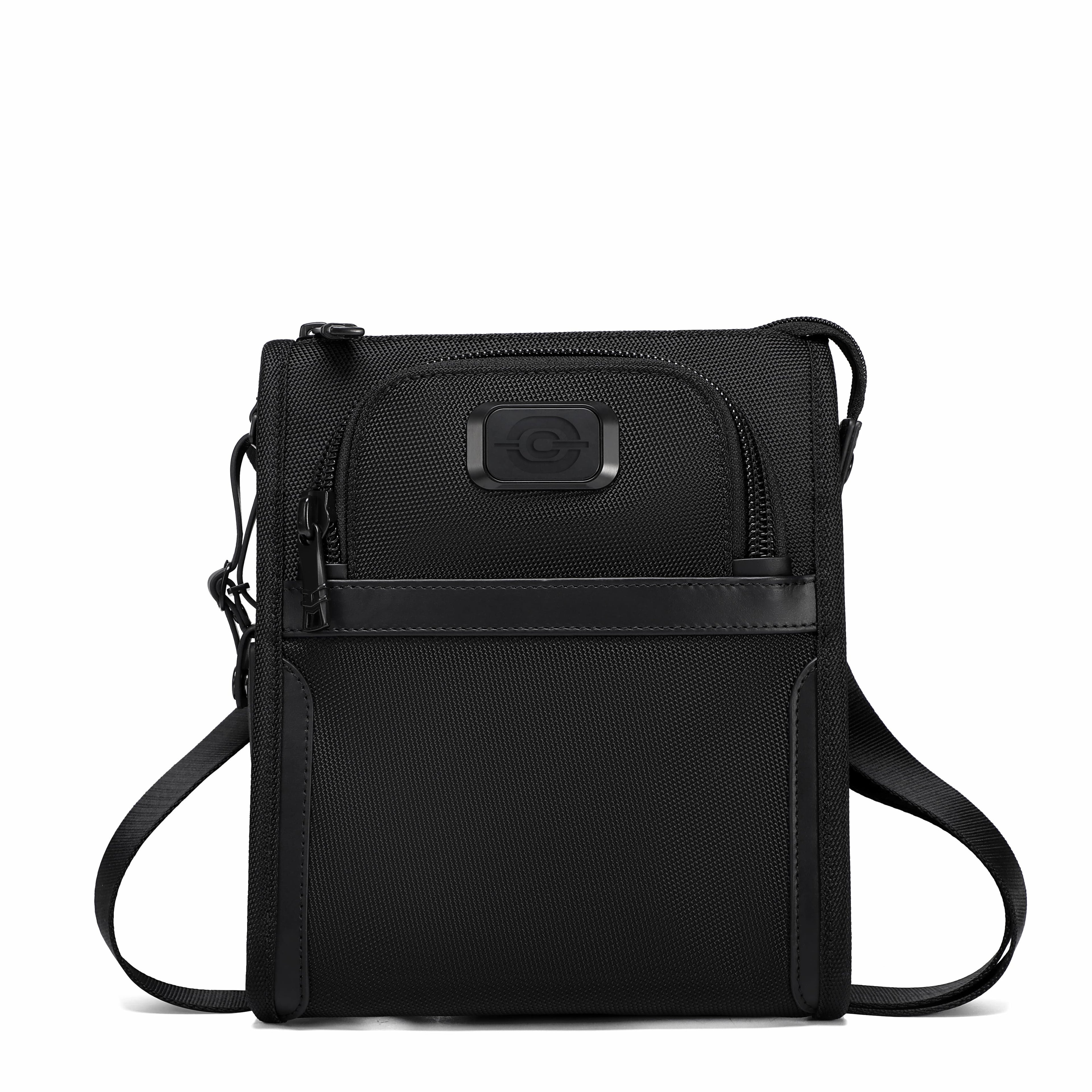 A black rectangular crossbody bag with a front zippered pocket and a horizontal black leather detail, shown on a plain white background.