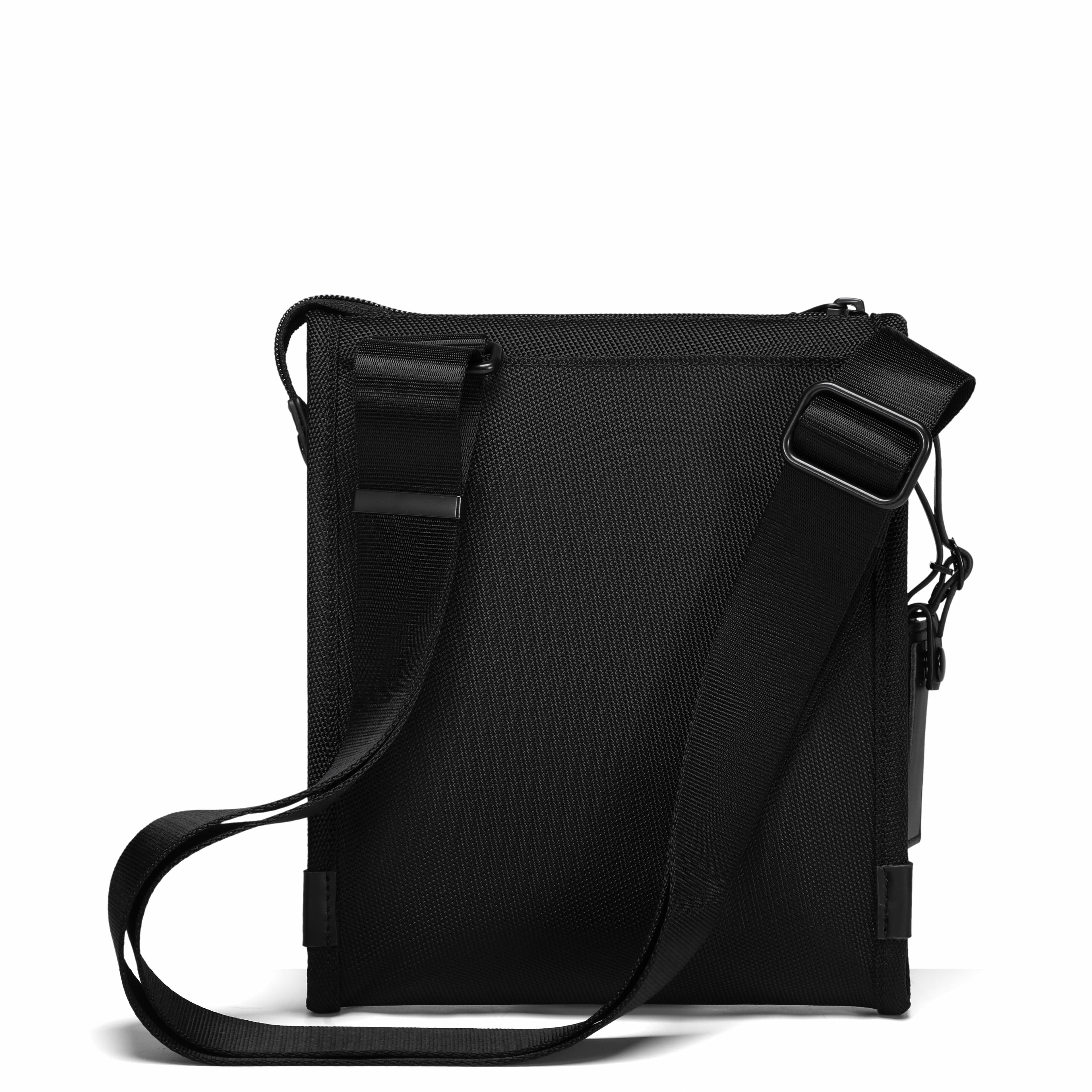 A black nylon crossbody bag with an adjustable shoulder strap, shown on a plain white background.
