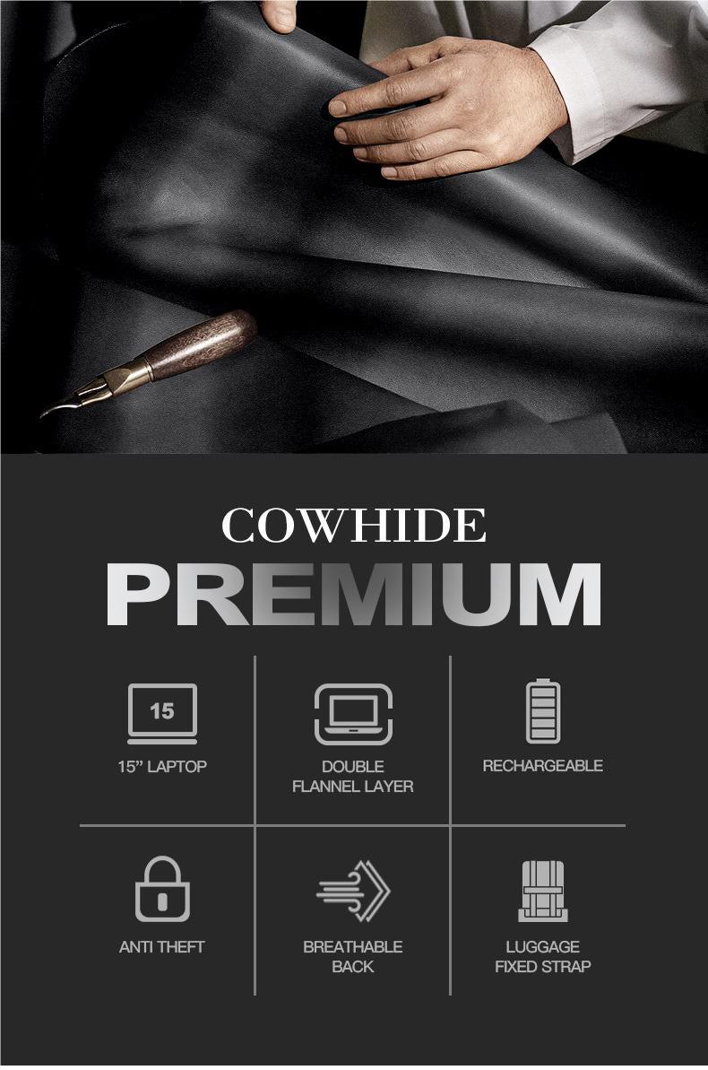 Q-STORM Genuine Leather Backpack – 15.6" Laptop, USB Charging Port, Anti-Theft