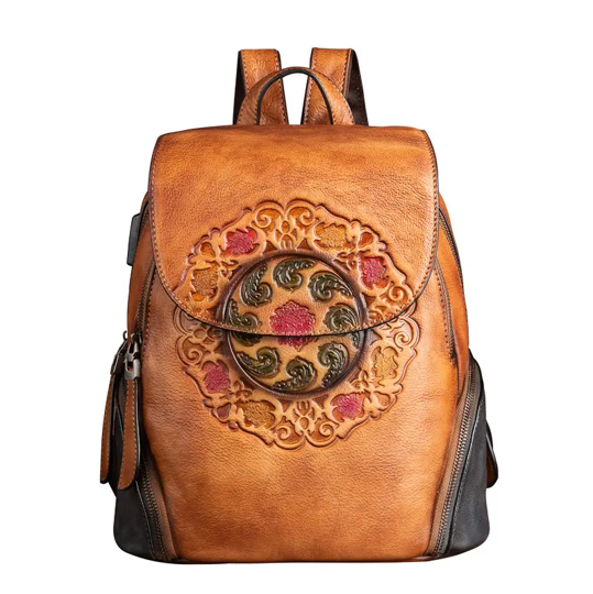 Q-SWEET Retro Genuine Leather Backpack for Women – USB Charging Port, Multi-Pocket