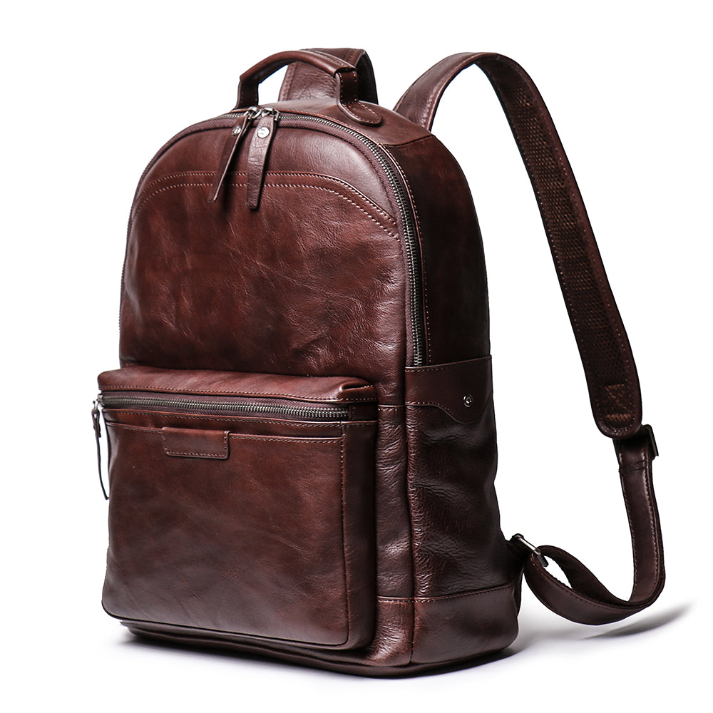 Q-TREK Full Grain Leather Backpack – Water-Resistant, Breathable & Patina-Developing, Brown