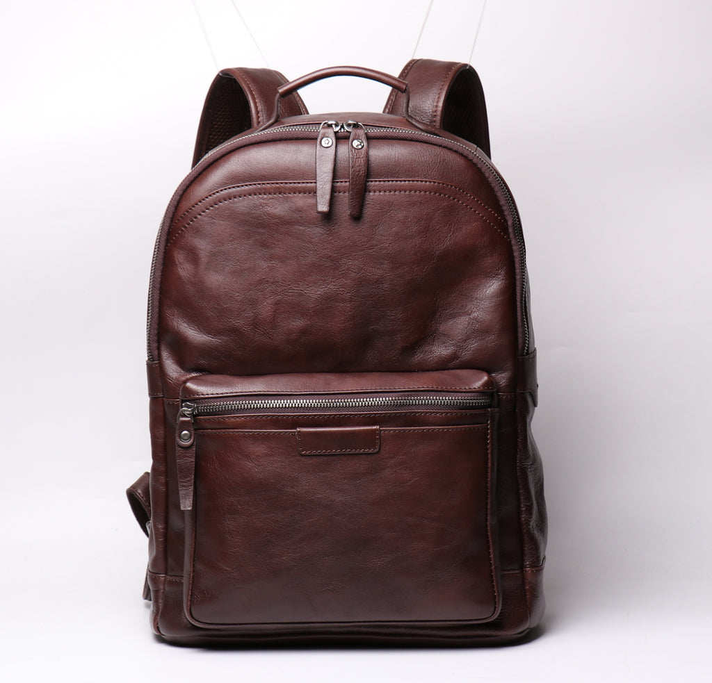 Q-TREK Full Grain Leather Backpack – Water-Resistant, Breathable & Patina-Developing, Brown