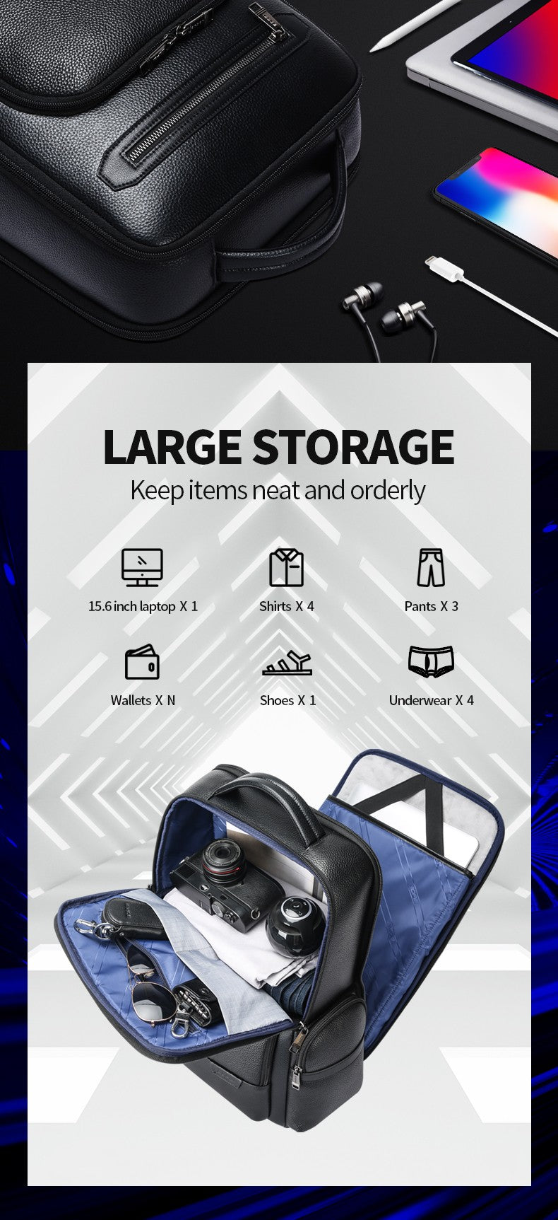 Q-THUNDER Genuine Leather Backpack – Large Capacity, USB Charging, TSA Lay-Flat & Ergonomic Straps
